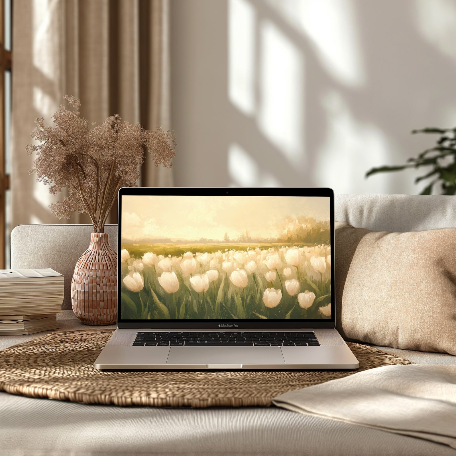 Spring desktop wallpaper featuring a soft golden tulip field under warm sunlight, displayed on a MacBook Pro in a cozy modern living room - perfect for creating a bright and inspiring workspace