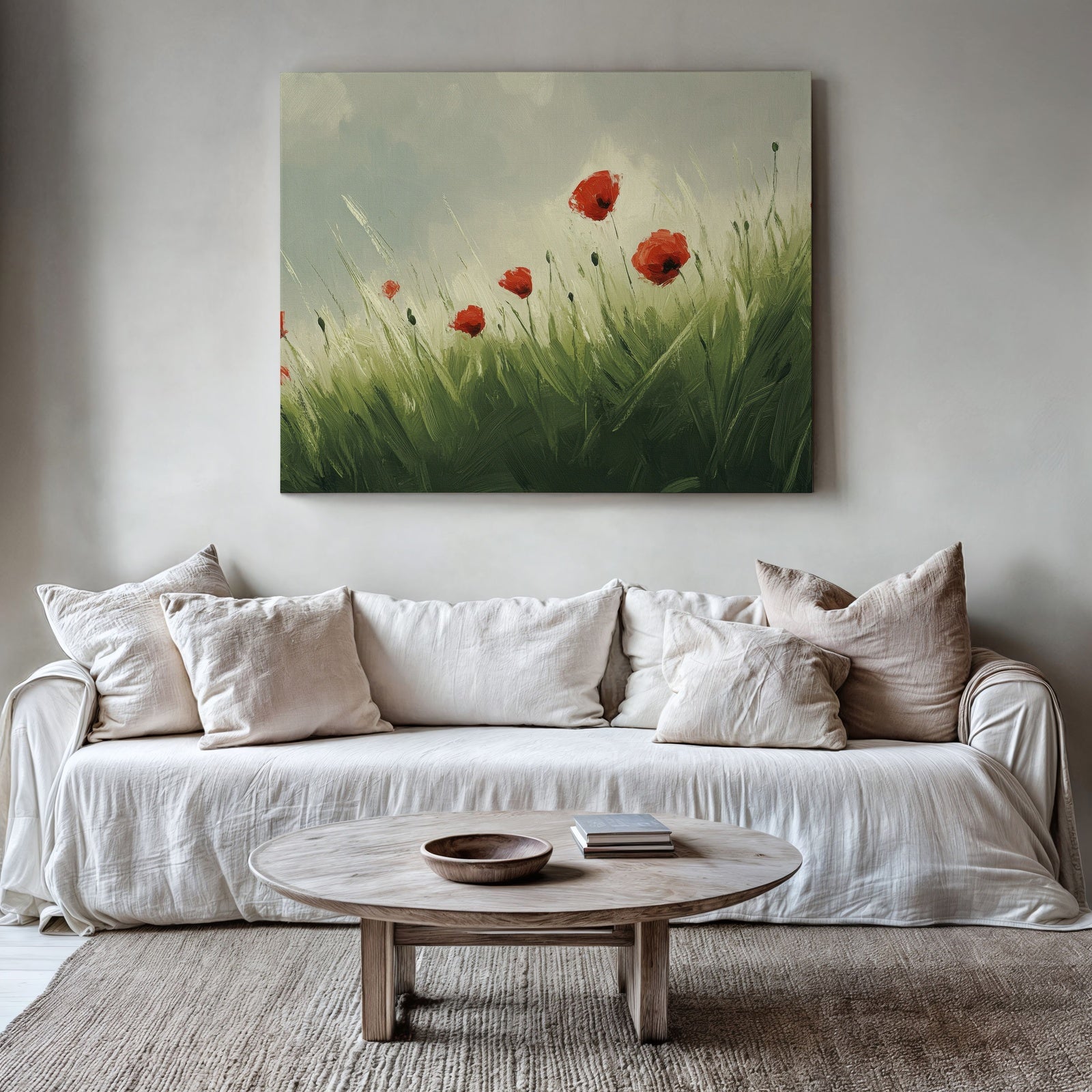 Spring printable wall art featuring red poppies swaying in a lush green field under a soft sky, displayed above a neutral sofa in a cozy modern living room