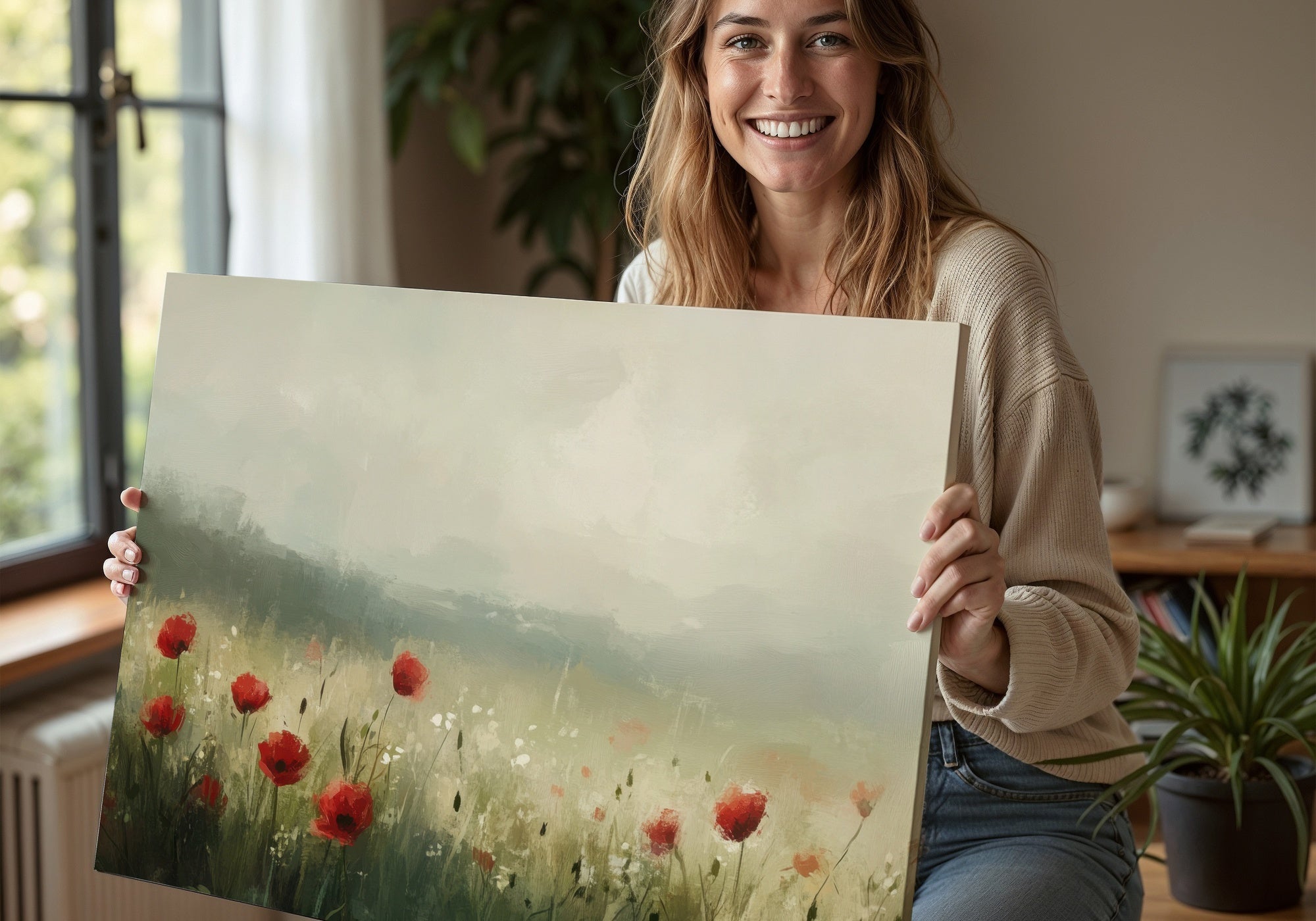 Spring Printable Wall Art featuring a serene field of red poppies and wildflowers under a misty sky - a delicate digital artwork that captures the peaceful essence of spring, perfect for brightening any room with natural beauty and calm energy