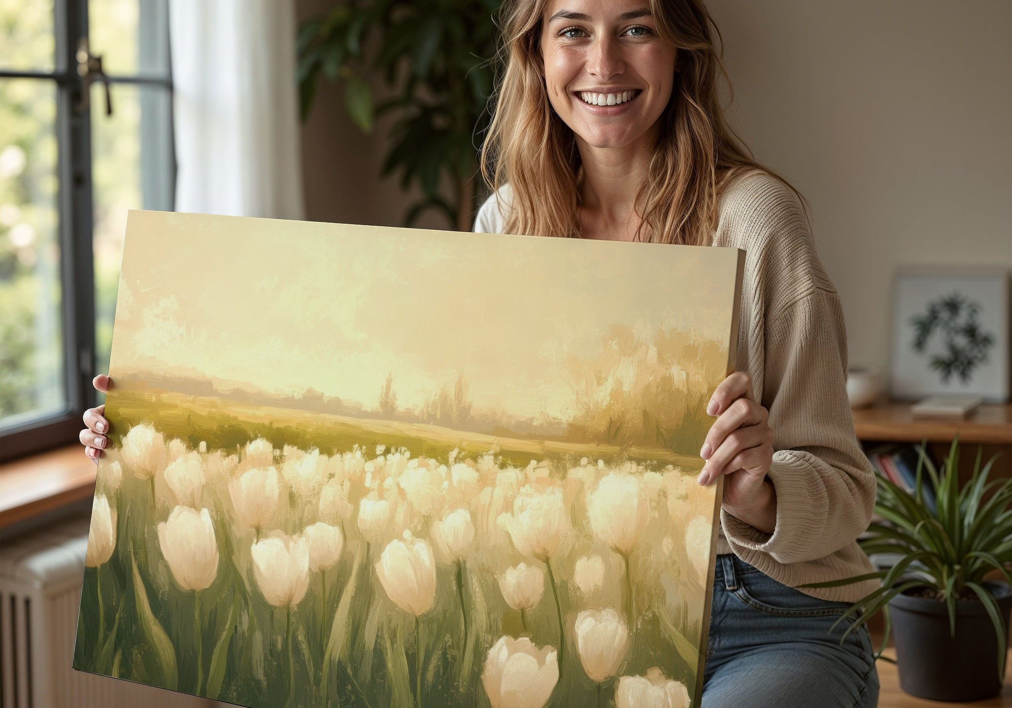 Floral printable wall art featuring a serene field of white tulips under a soft golden sky, held by a smiling woman in a cozy, naturally lit home interior