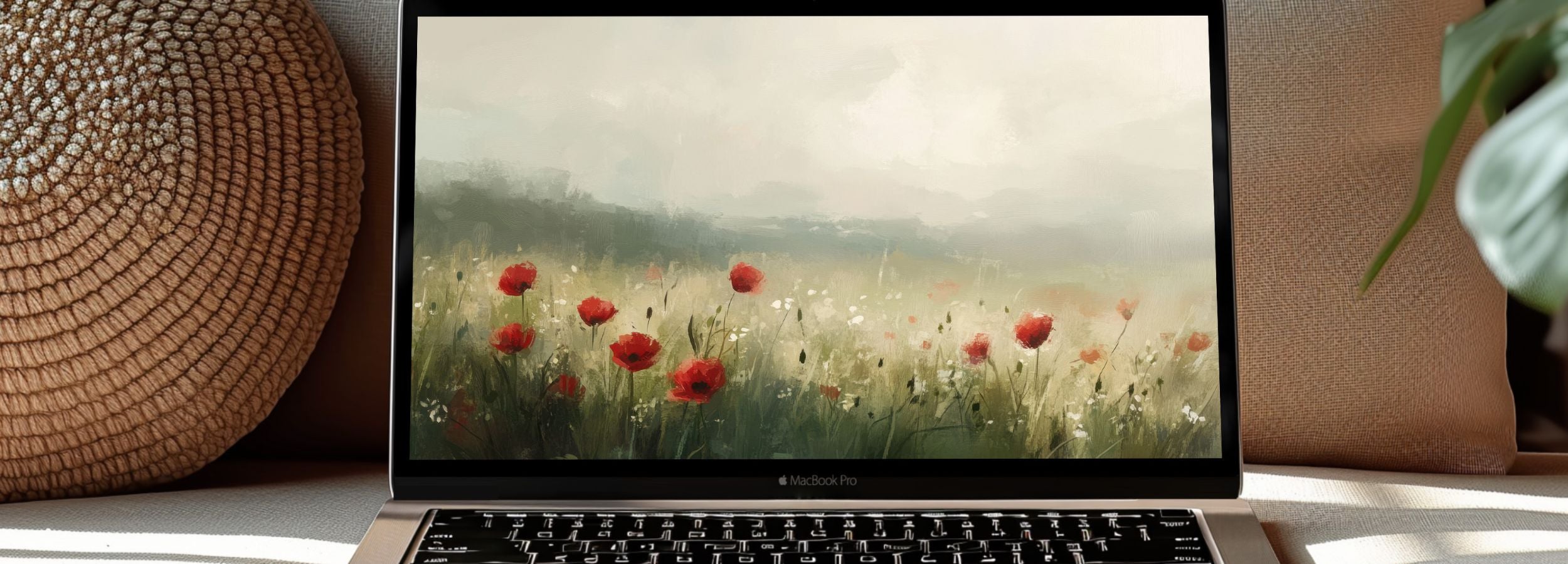 Tranquil floral desktop wallpaper featuring a soft painting of red poppies in a misty meadow - a serene digital artwork that brings calm and natural beauty to your workspace