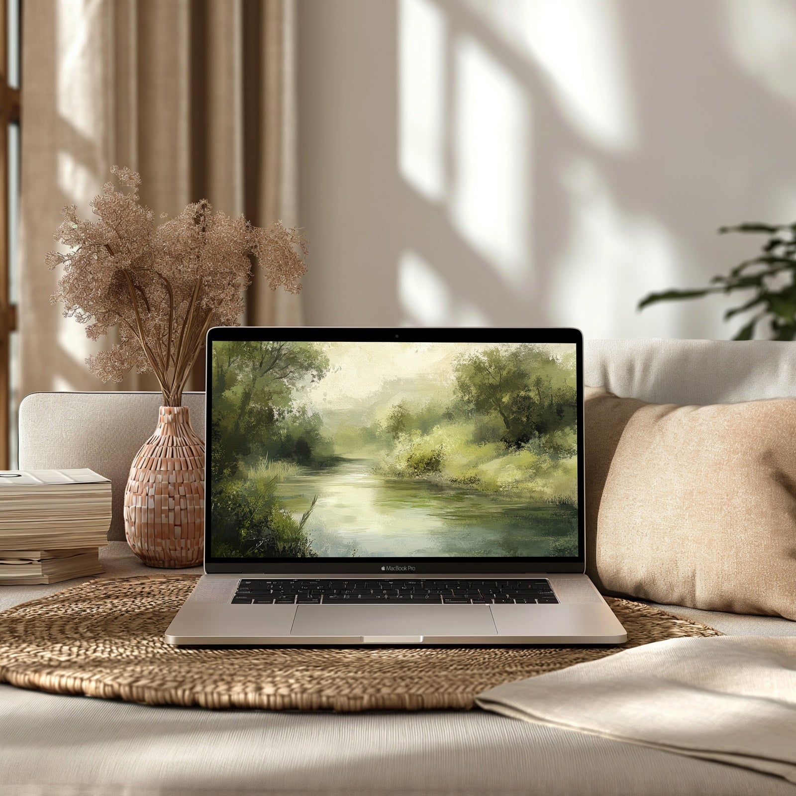 Spring desktop wallpaper featuring a peaceful river surrounded by soft green trees - a calming digital art background that captures the freshness of spring and adds a serene, nature-inspired touch to your workspace
