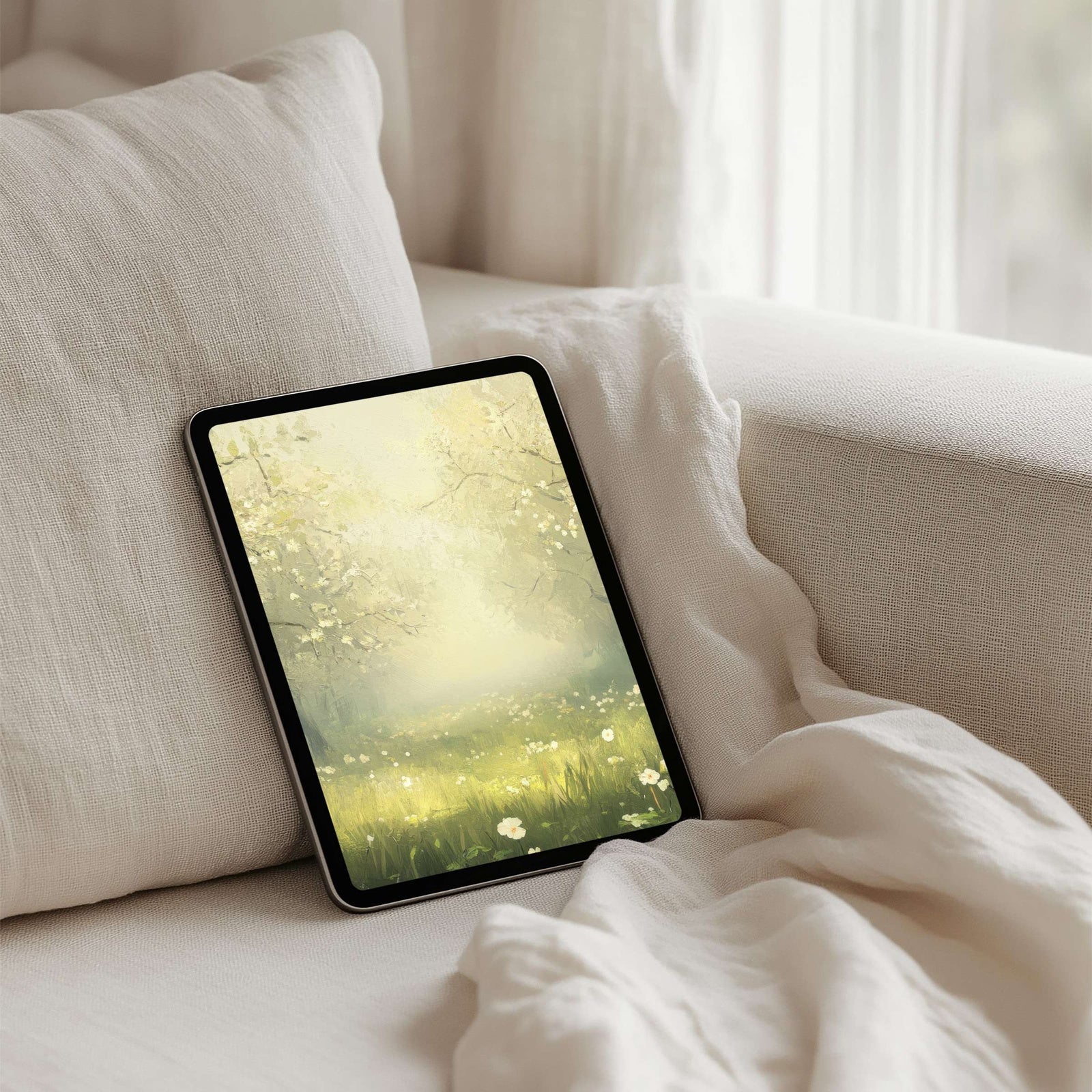 Spring iPad wallpaper with soft sunlight over a misty orchard and blooming flowers, serene impressionist tablet background that brings freshness, warmth, and calm elegance to your digital space