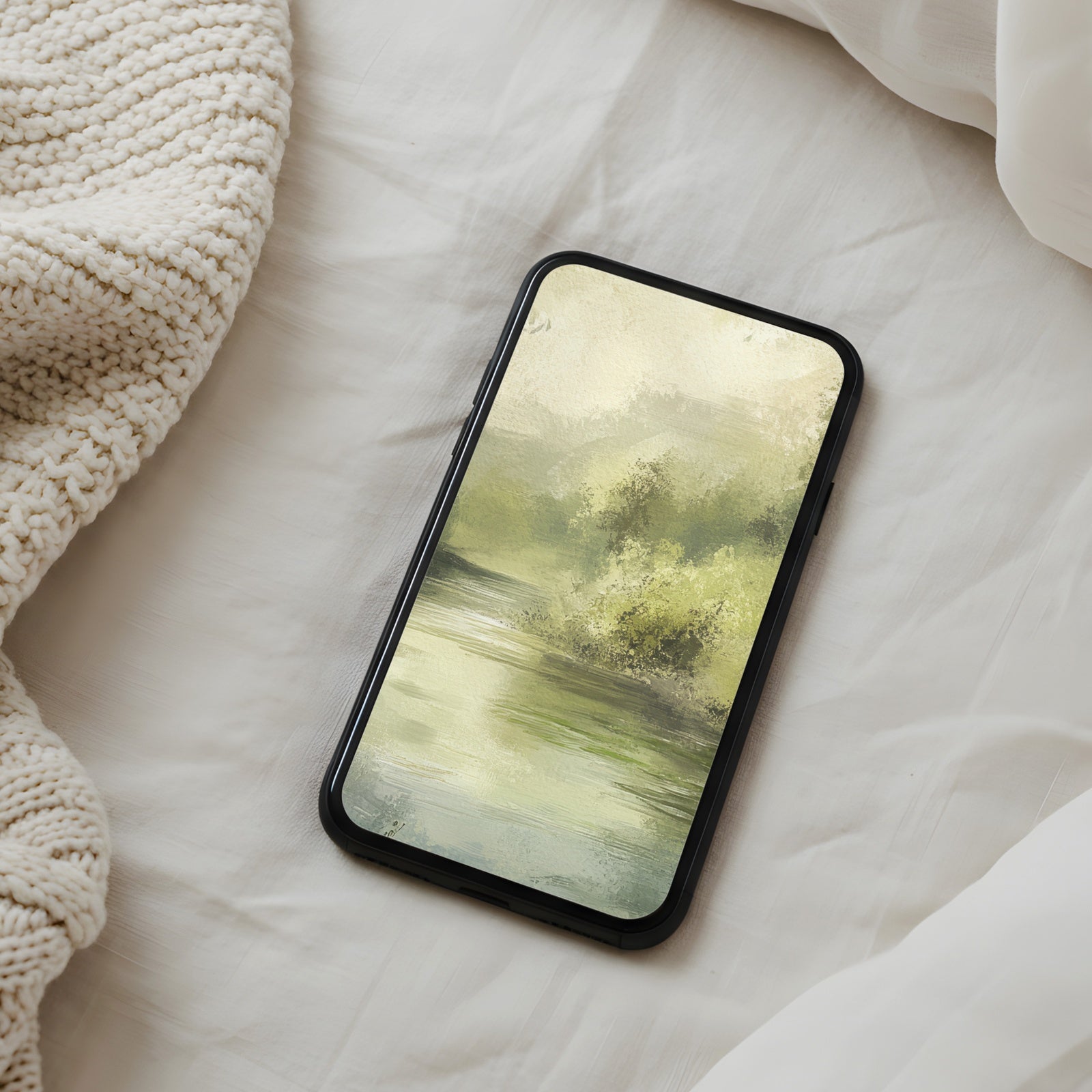 Peaceful phone wallpaper featuring soft green spring foliage reflected in calm water, creating a gentle, fresh, and nature-inspired atmosphere