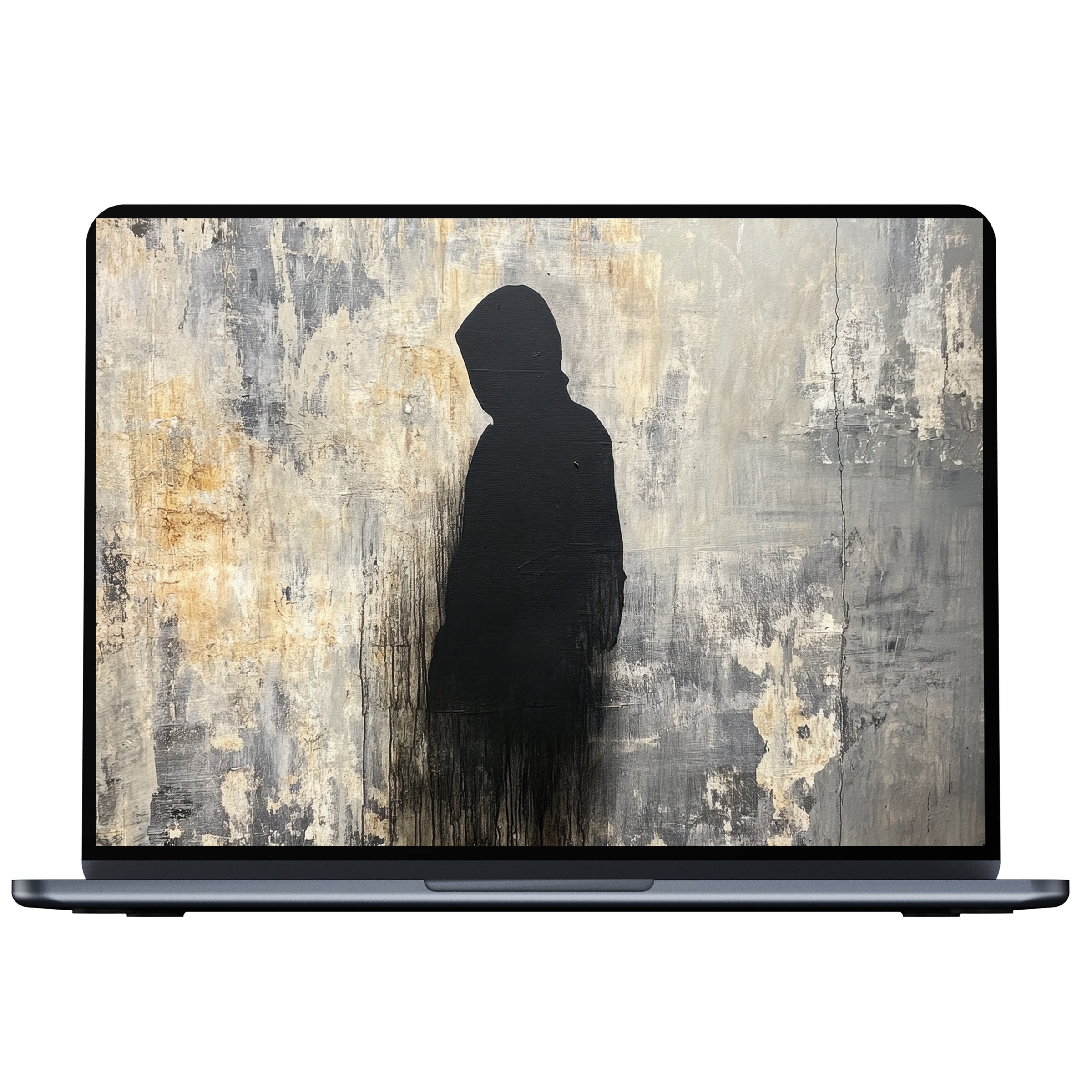 Street art desktop wallpaper featuring a hooded silhouette on textured concrete, ideal digital download for PC and laptop elegance