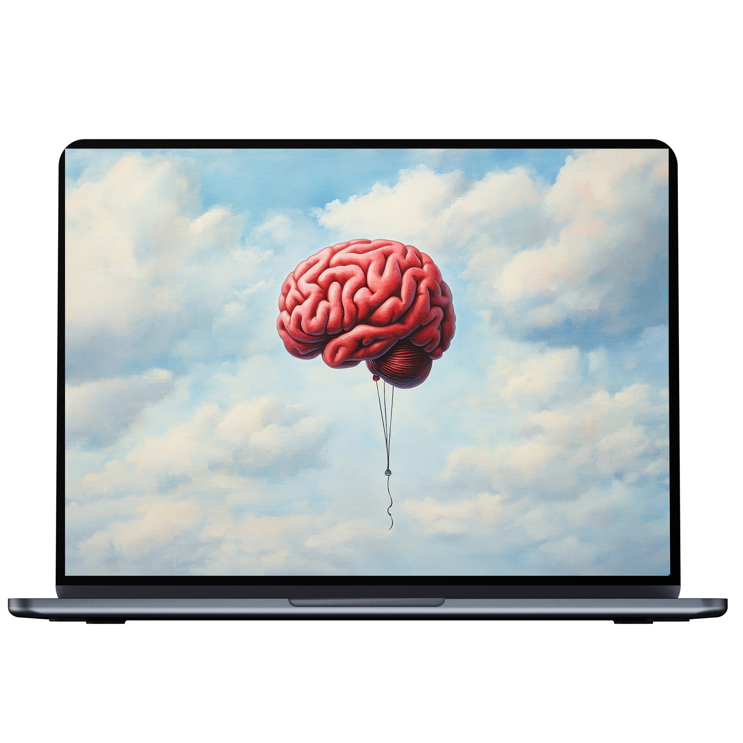 Street art desktop wallpaper with surreal brain balloon against dreamy clouds offers calm inspiration for PC, Mac, laptop digital download