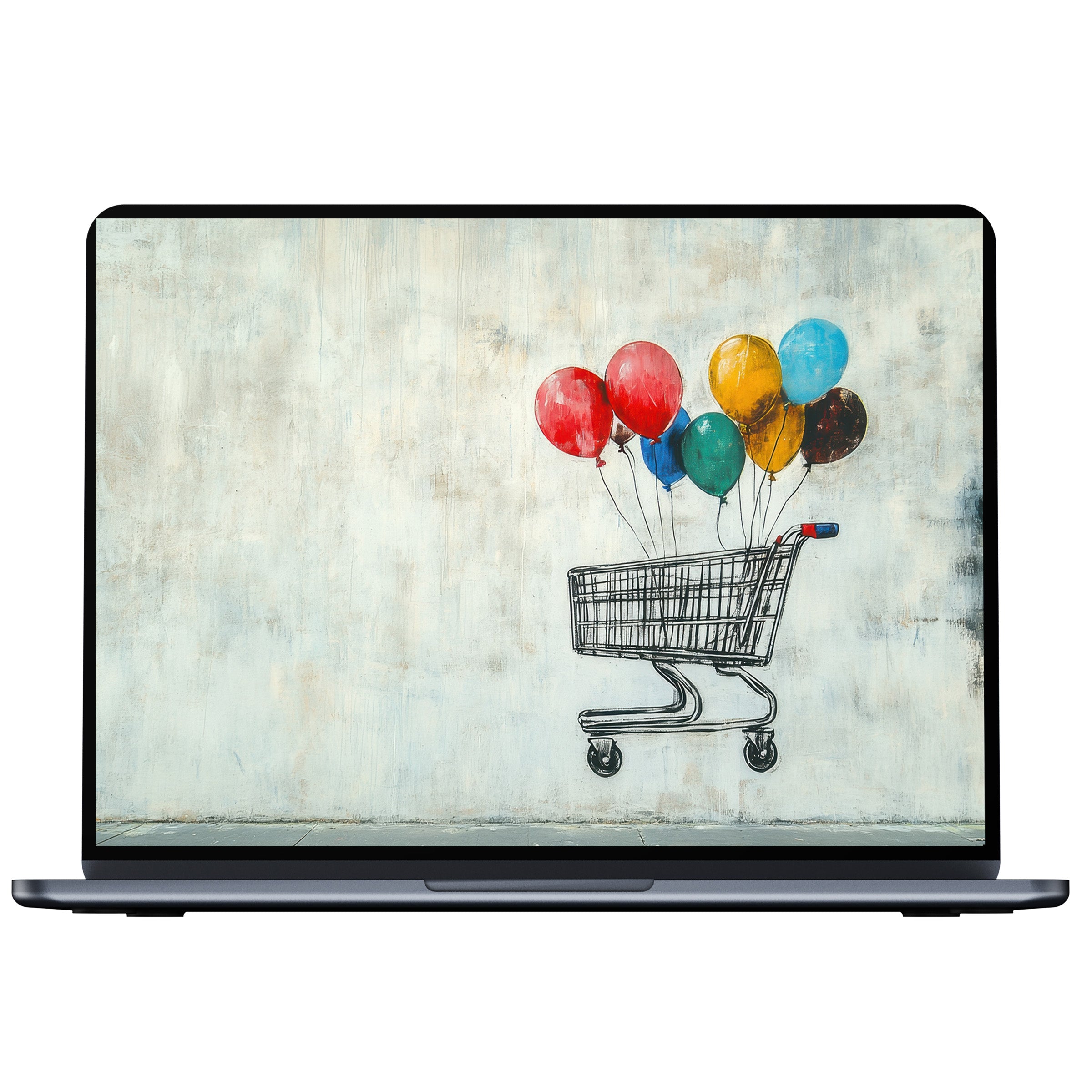 Street art desktop wallpaper with vibrant balloons lifting a shopping cart digital download for PC Laptop Mac inspiring elegance