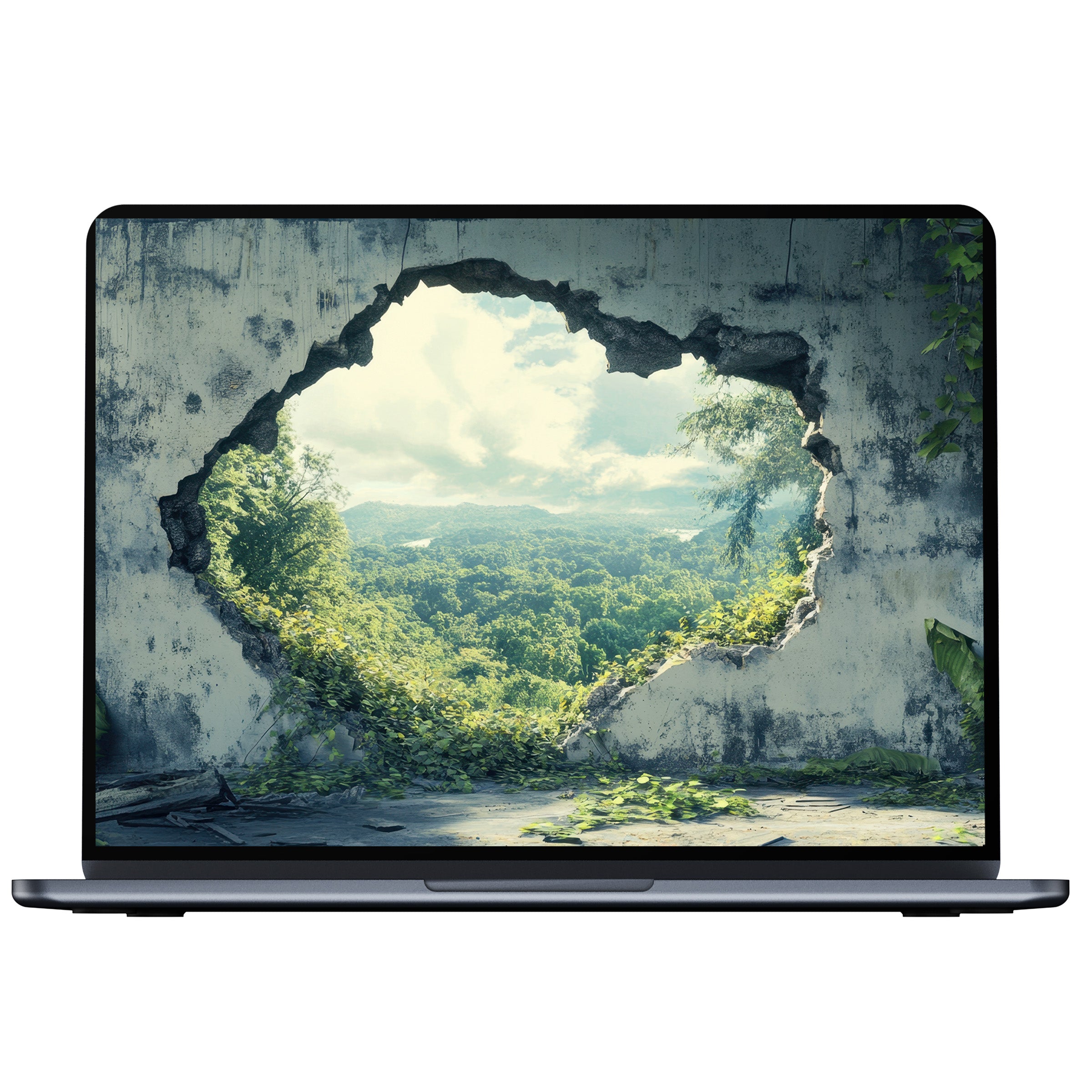 Street art desktop wallpaper featuring nature through a cracked wall offers an inspiring digital download for PC, laptop, and Mac use