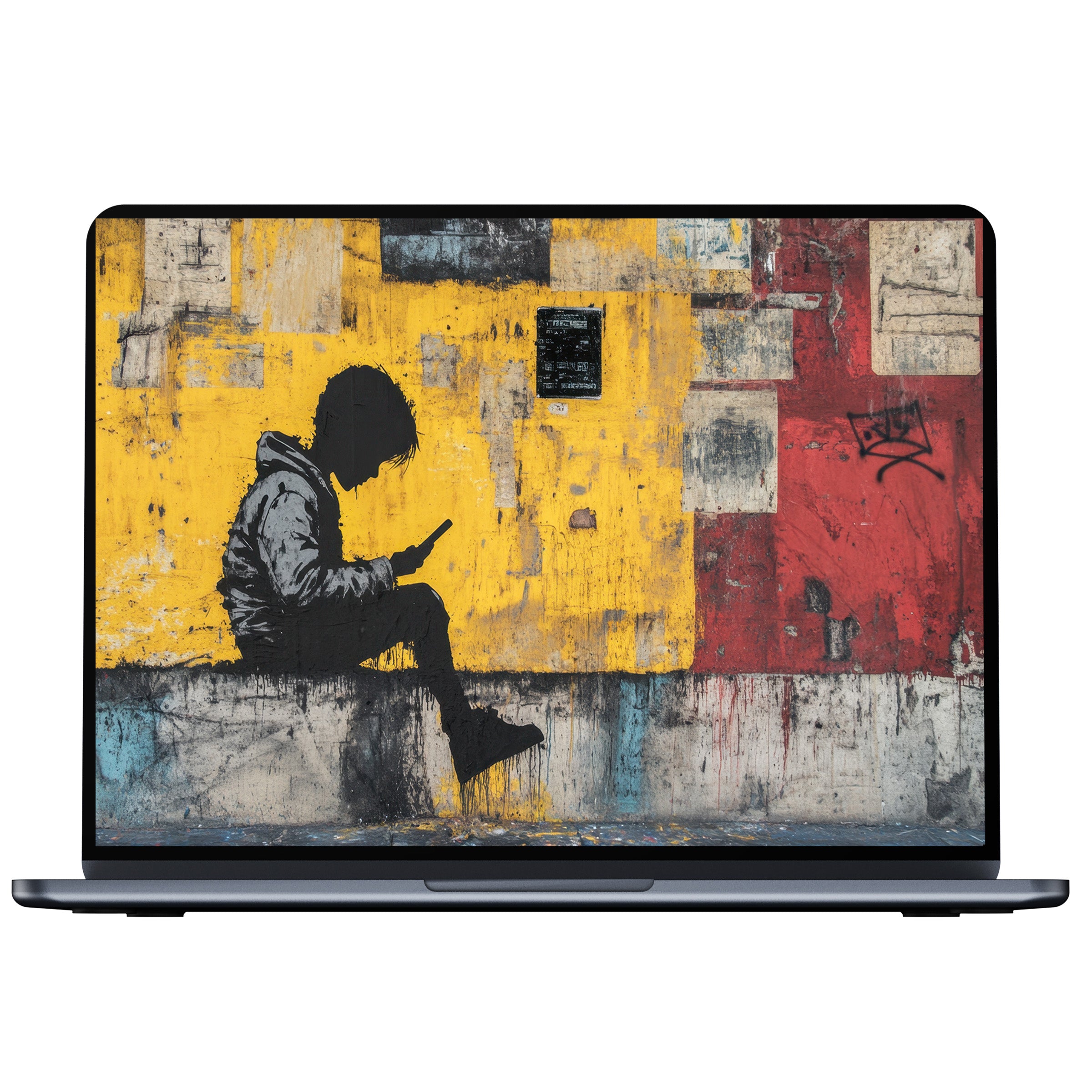 Dynamic street art desktop wallpaper with vibrant yellow and red textures creates a calming digital download for PC and laptop displays
