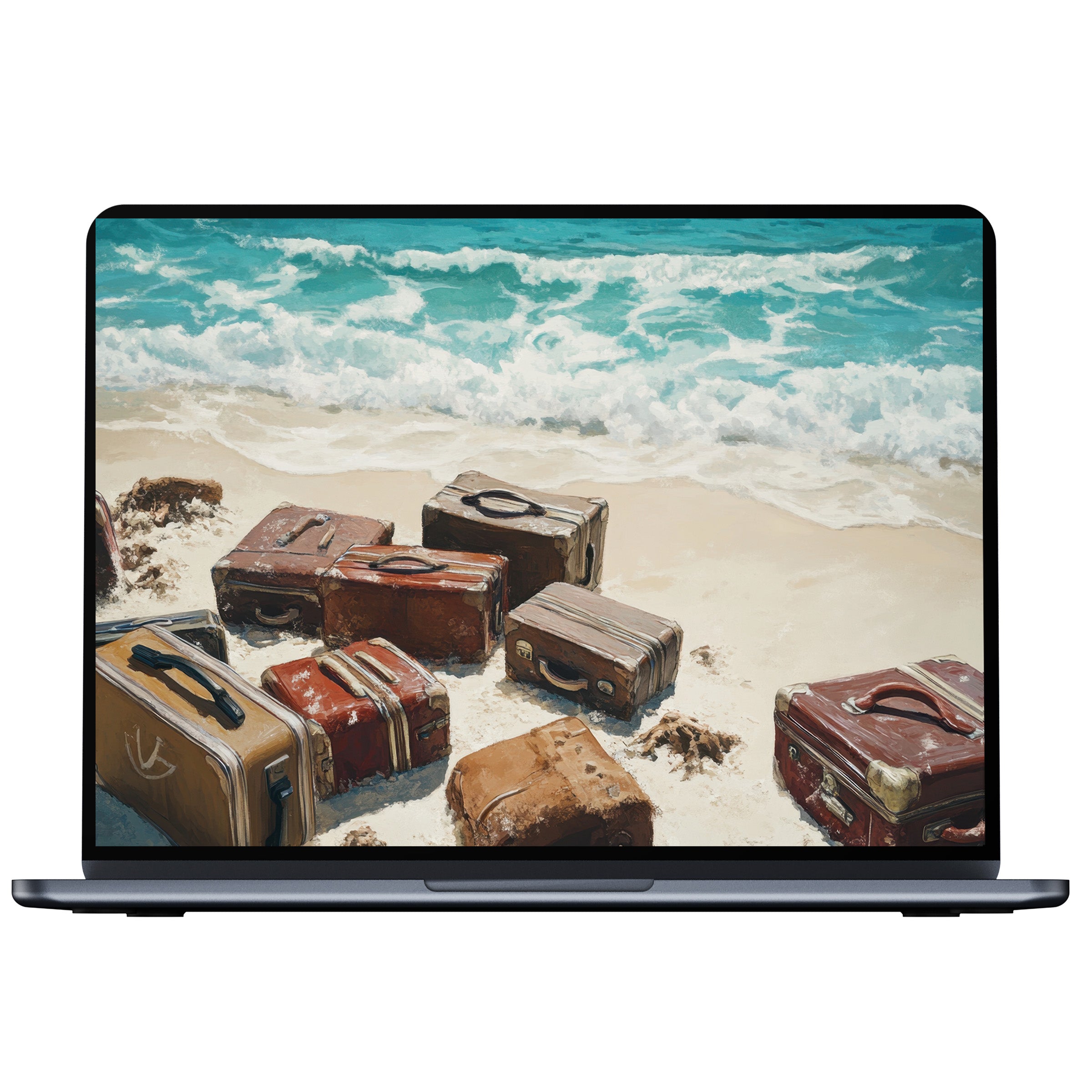 Street art desktop wallpaper featuring serene beach scene with vintage suitcases evokes calm inspiration for PC, Laptop digital download