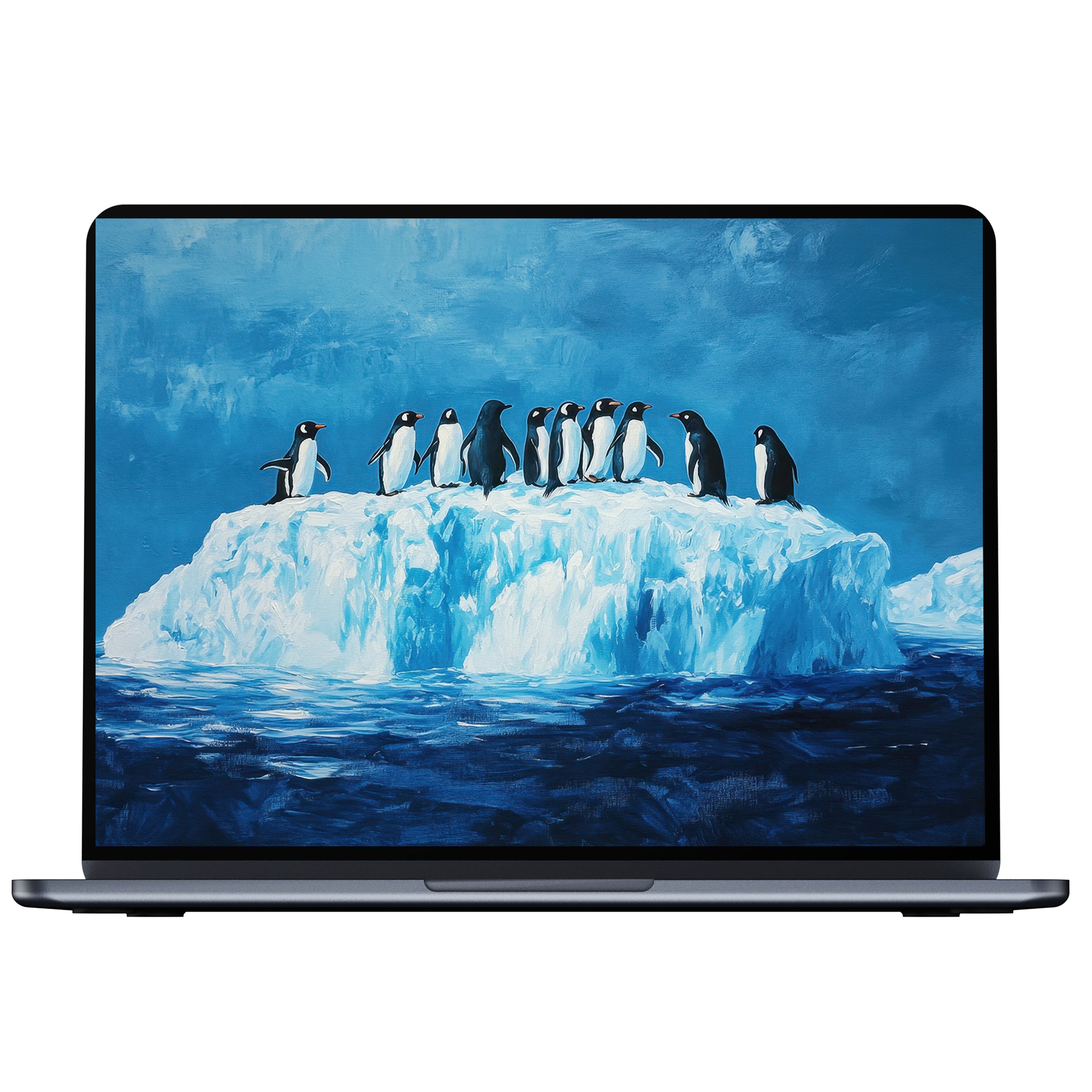 Elegant street art desktop wallpaper featuring serene penguins on an icy landscape digital download for PC laptop or Mac