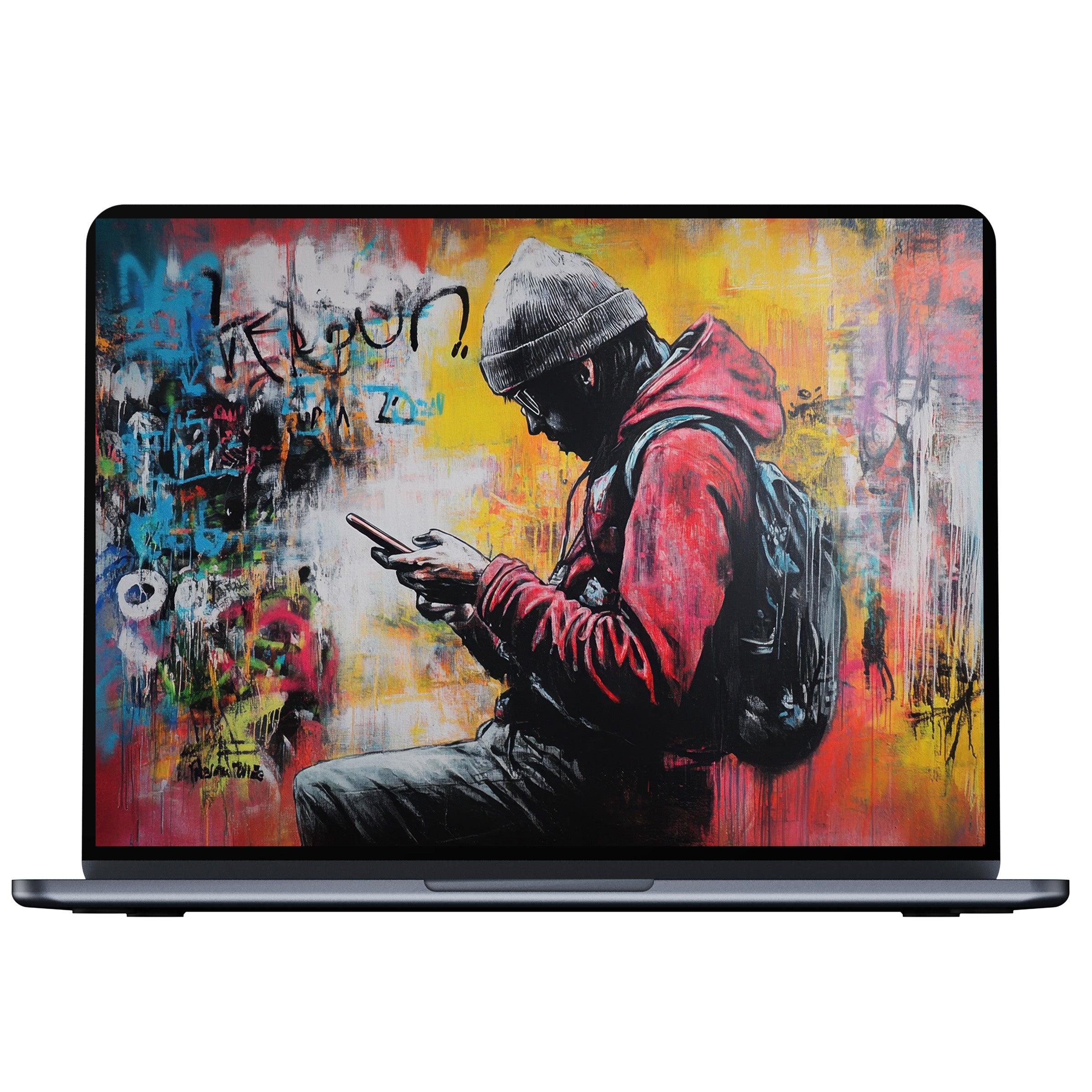 Vibrant street art desktop wallpaper for PC, laptop digital download showcasing a mindful figure with urban textures and bold colors