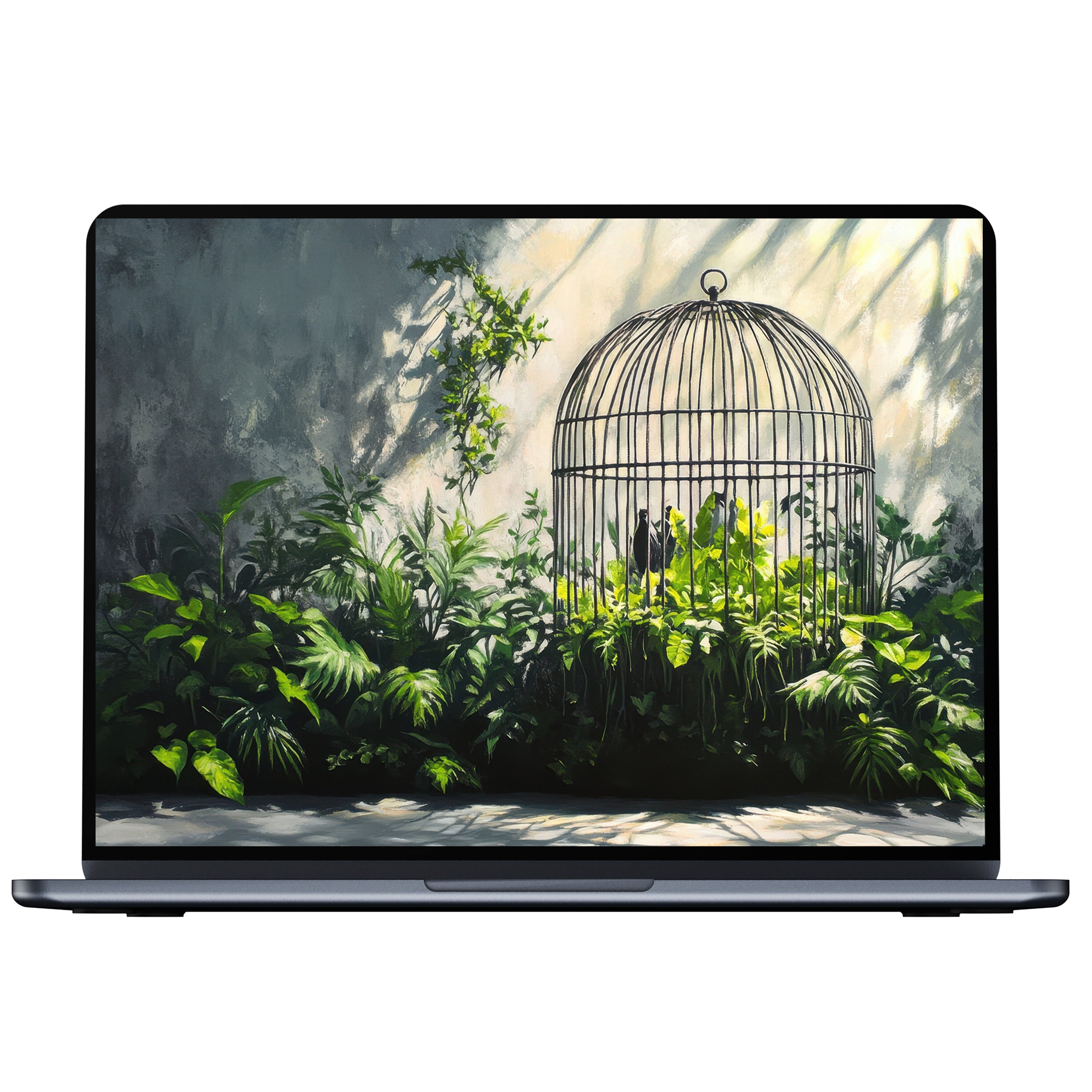 Street art desktop wallpaper featuring lush green plants and a birdcage offers calm inspiration for PC, laptop, Mac digital download