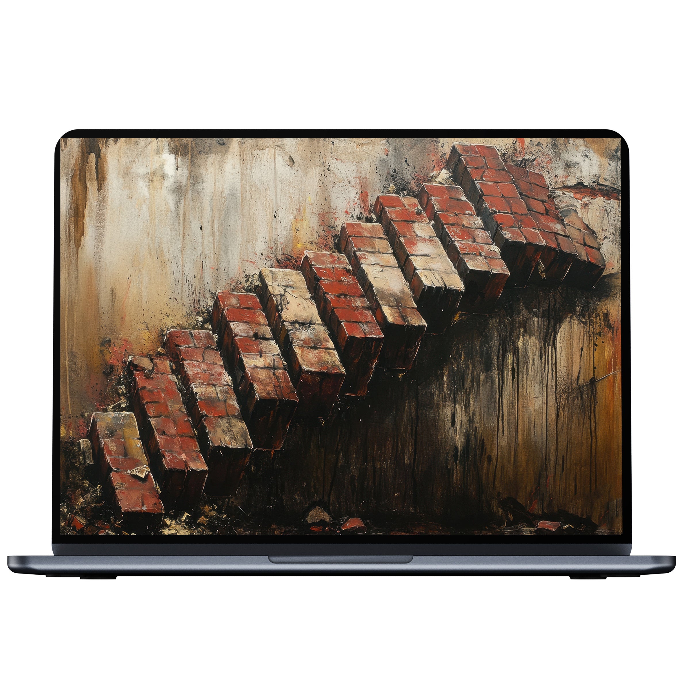 Street art desktop wallpaper featuring brick stairs in rustic tones, ideal digital download for PC, Laptop, or Mac backgrounds