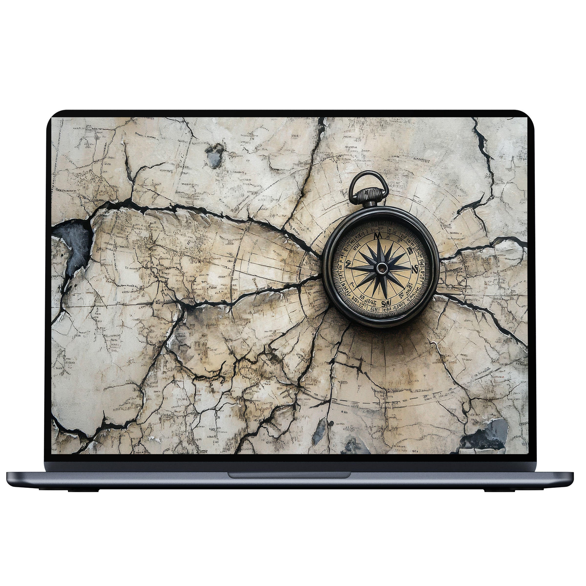 Vintage-inspired street art desktop wallpaper featuring a compass on an aged map for digital download, fits PC, laptop, or Mac