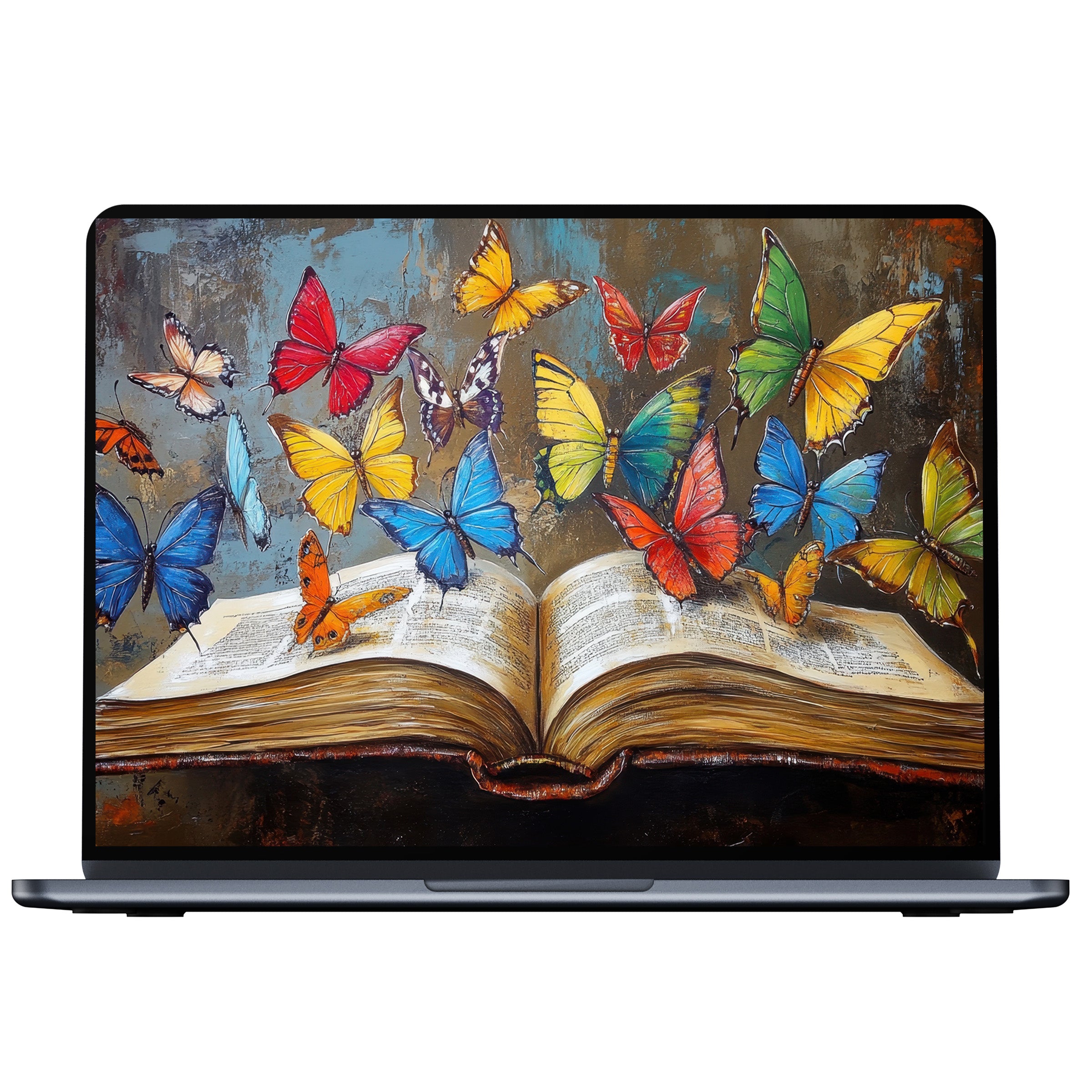 Vibrant street art desktop wallpaper of colorful butterflies rising from a book offers calm inspiration for PC and laptop digital download