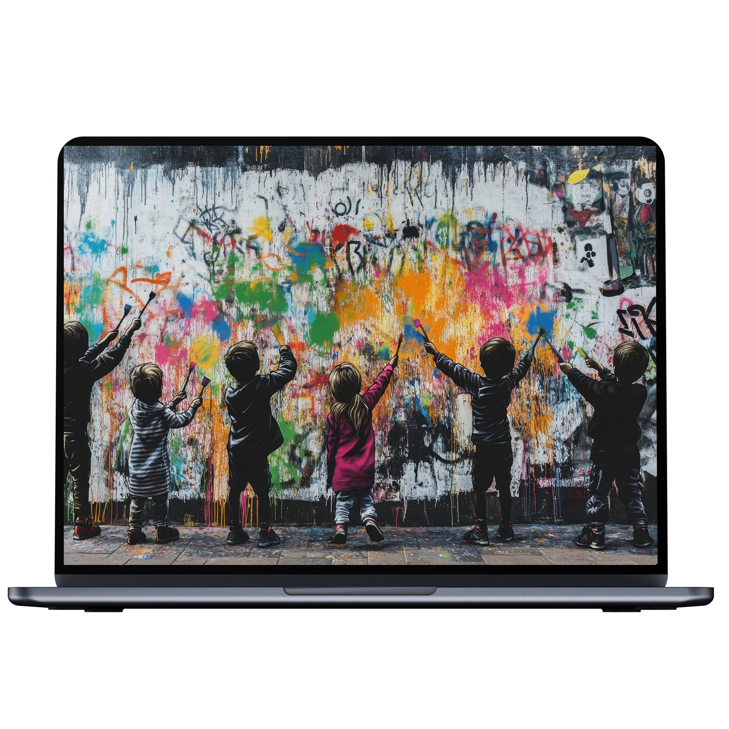 Vibrant street art desktop wallpaper featuring playful kids painting graffiti inspires mindfulness and fits PC or laptop digital download