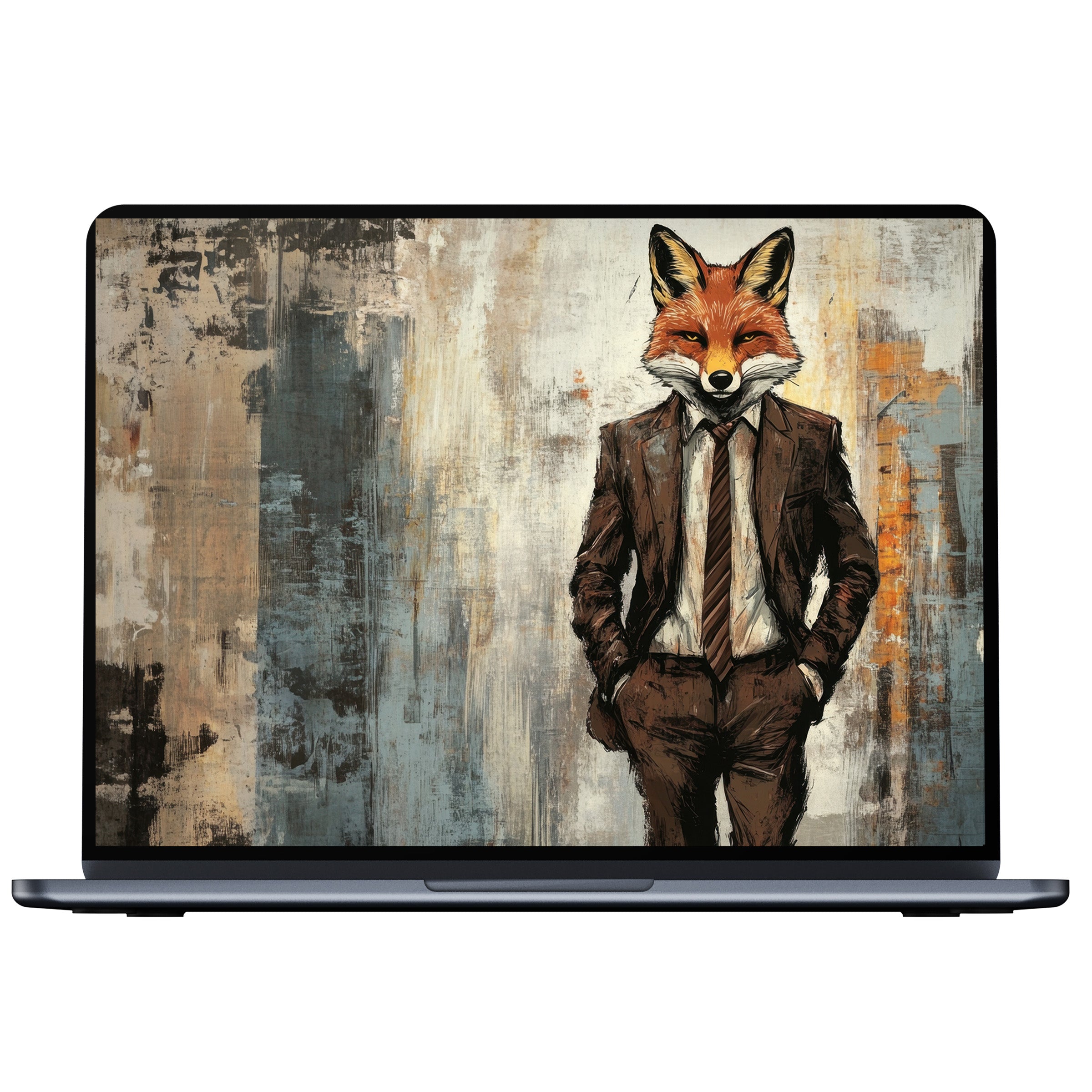 Street art desktop wallpaper featuring a fox in a suit against abstract textures exudes elegance and calm for PC and laptop users