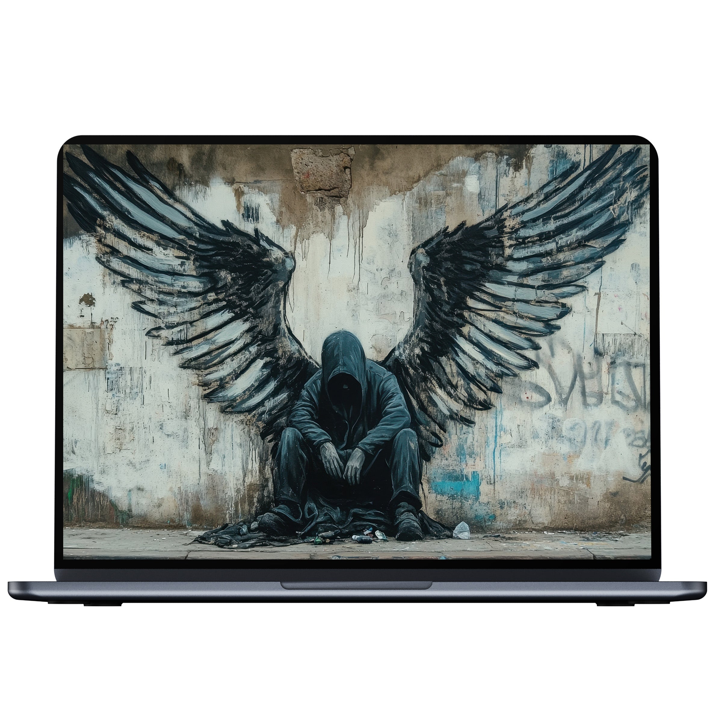 Street art desktop wallpaper featuring dark angel wings exudes calm elegance for digital download, ideal for PC or laptop backgrounds