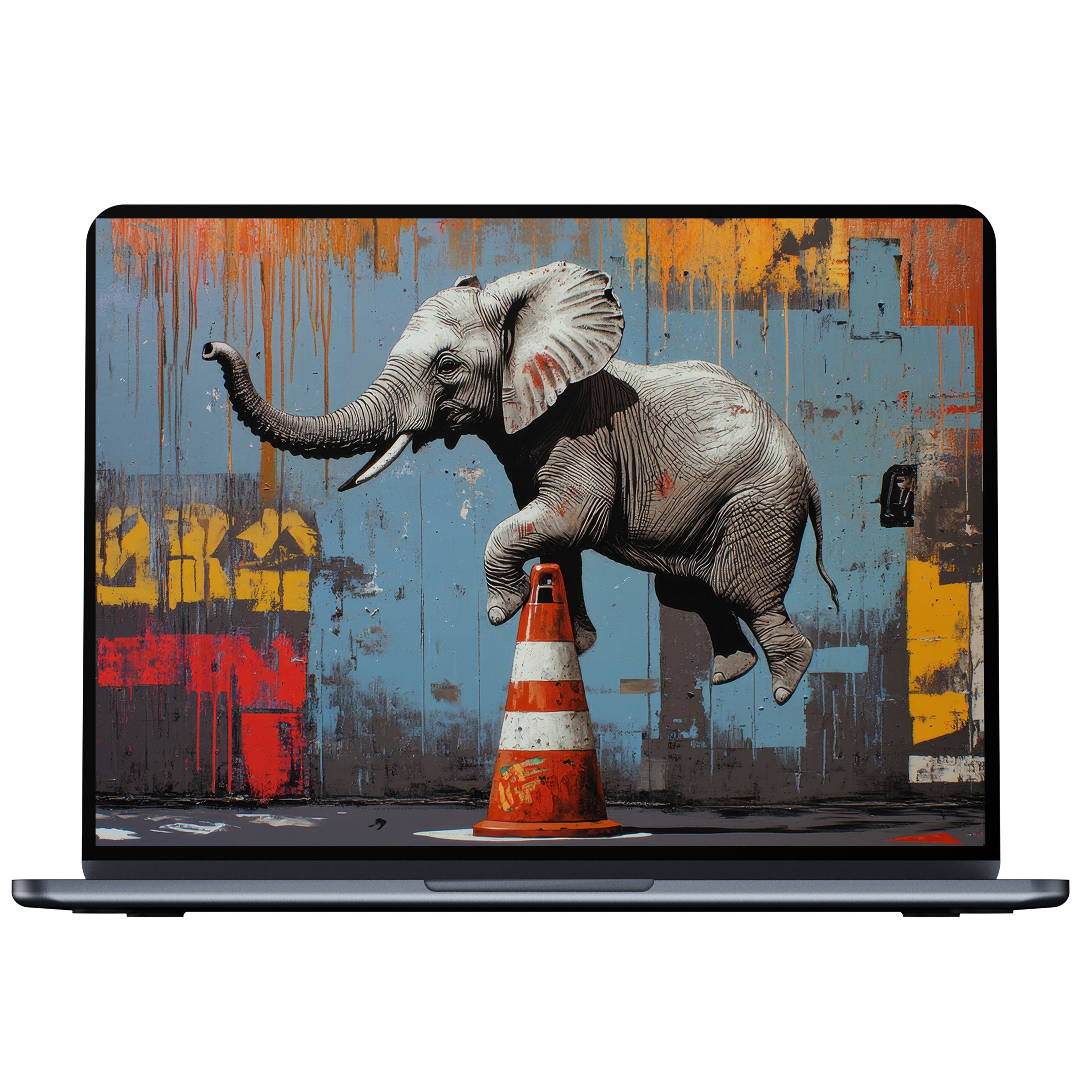 Street art desktop wallpaper with a playful elephant jumping over a cone, offering calm inspiration for PC and laptop users digital download
