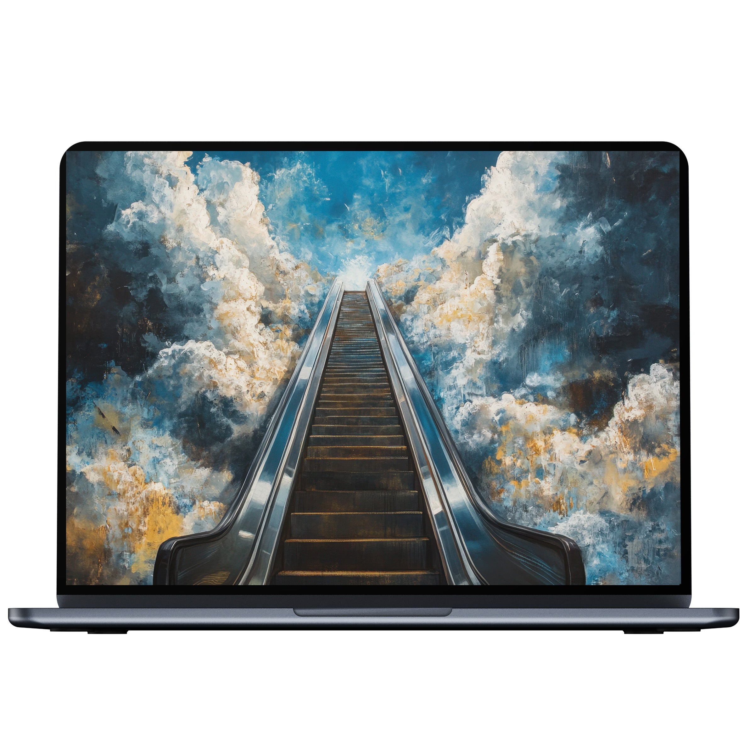 Elevate your screen with a street art desktop wallpaper featuring a dreamlike staircase to the sky, perfect digital download for PC or laptop