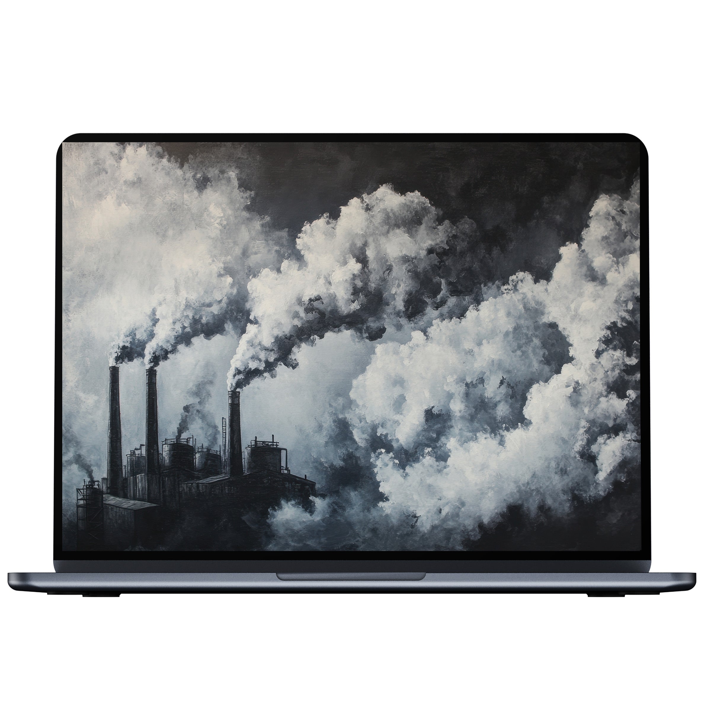Majestic street art desktop wallpaper captures industrial smokestacks amid swirling clouds digital download for PC and laptop tranquility