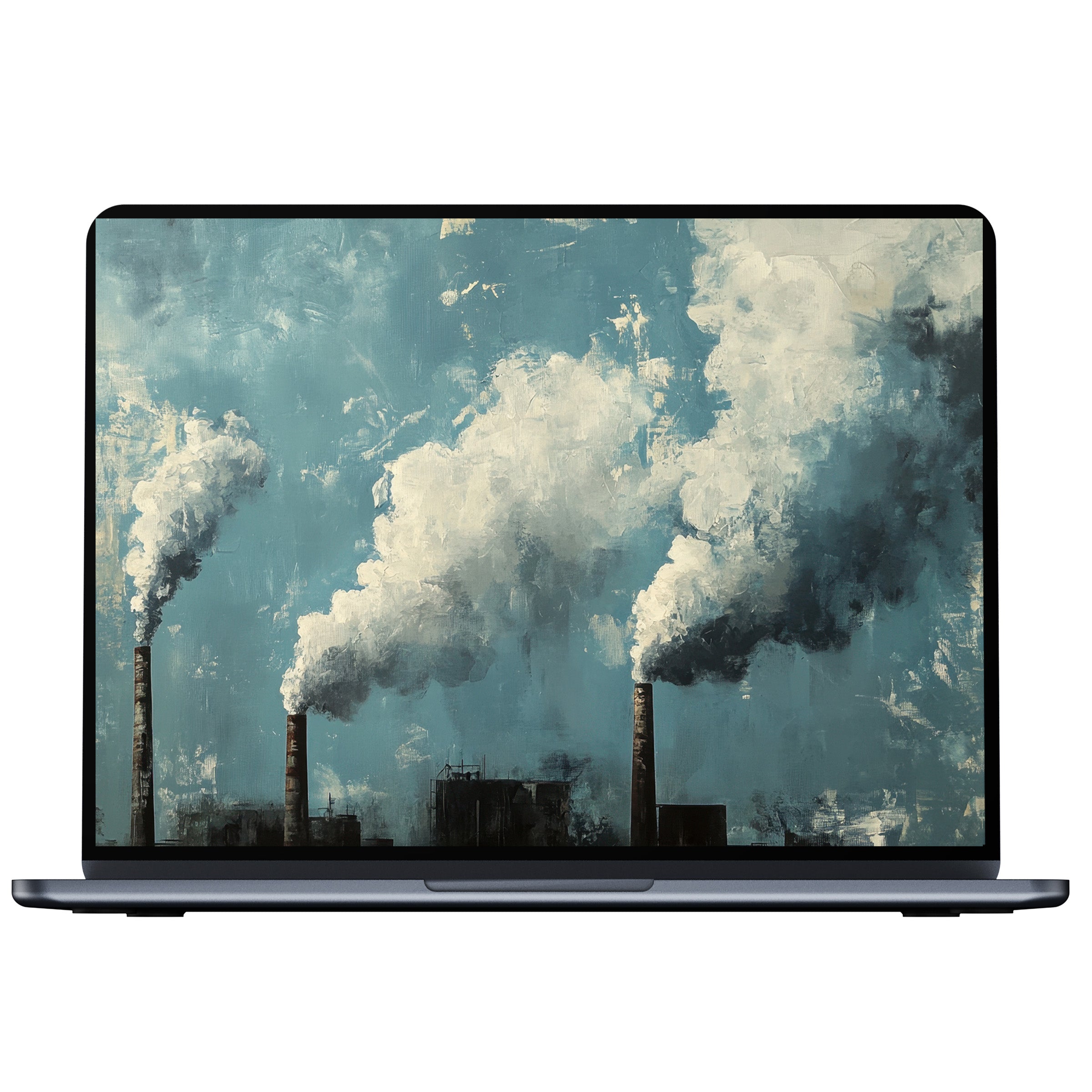 Street art desktop wallpaper with moody industrial scene in soft blues and whites for PC or laptop digital download inspiration