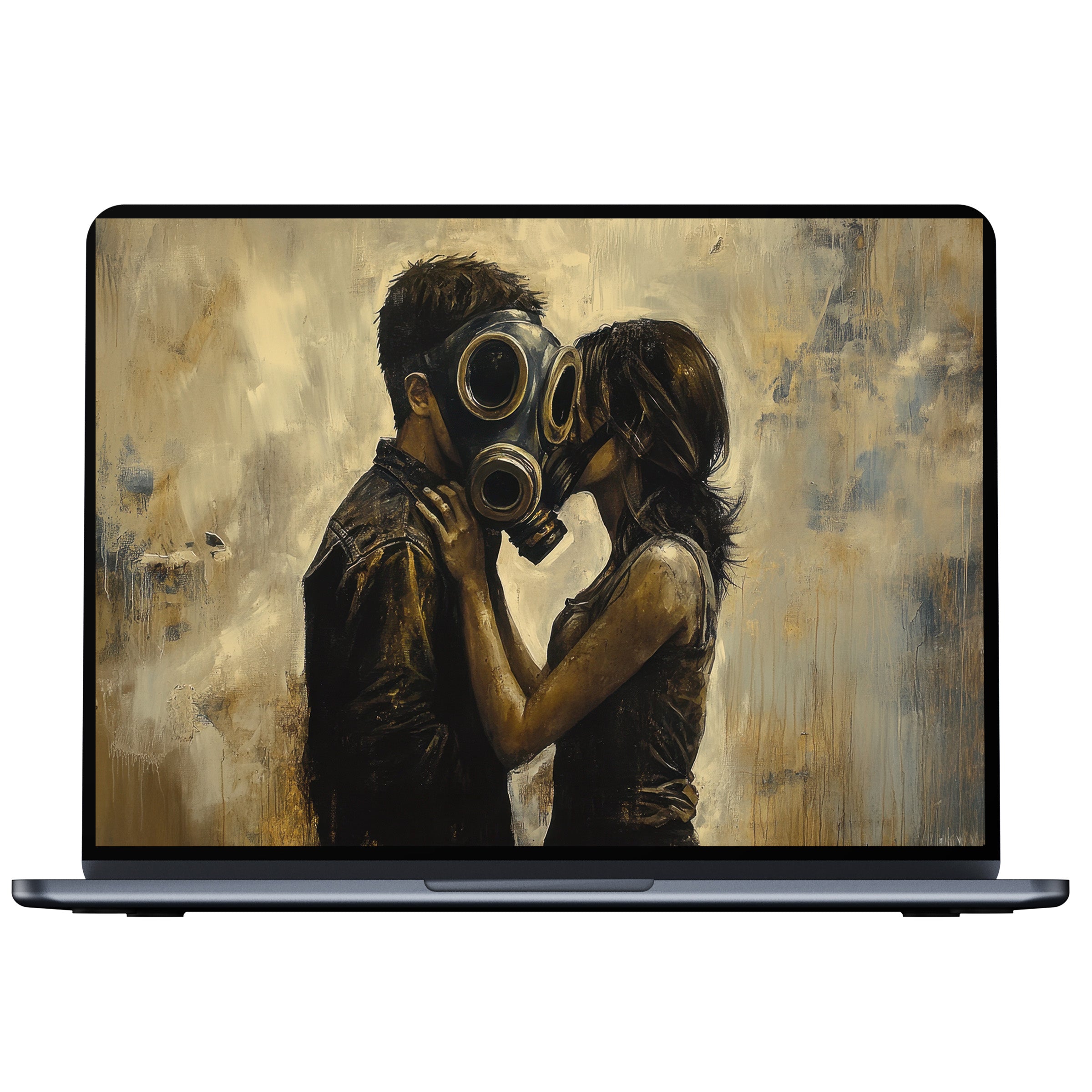Street art desktop wallpaper featuring an elegant couple in gas masks, evokes calm and inspiration for PC or laptop digital download