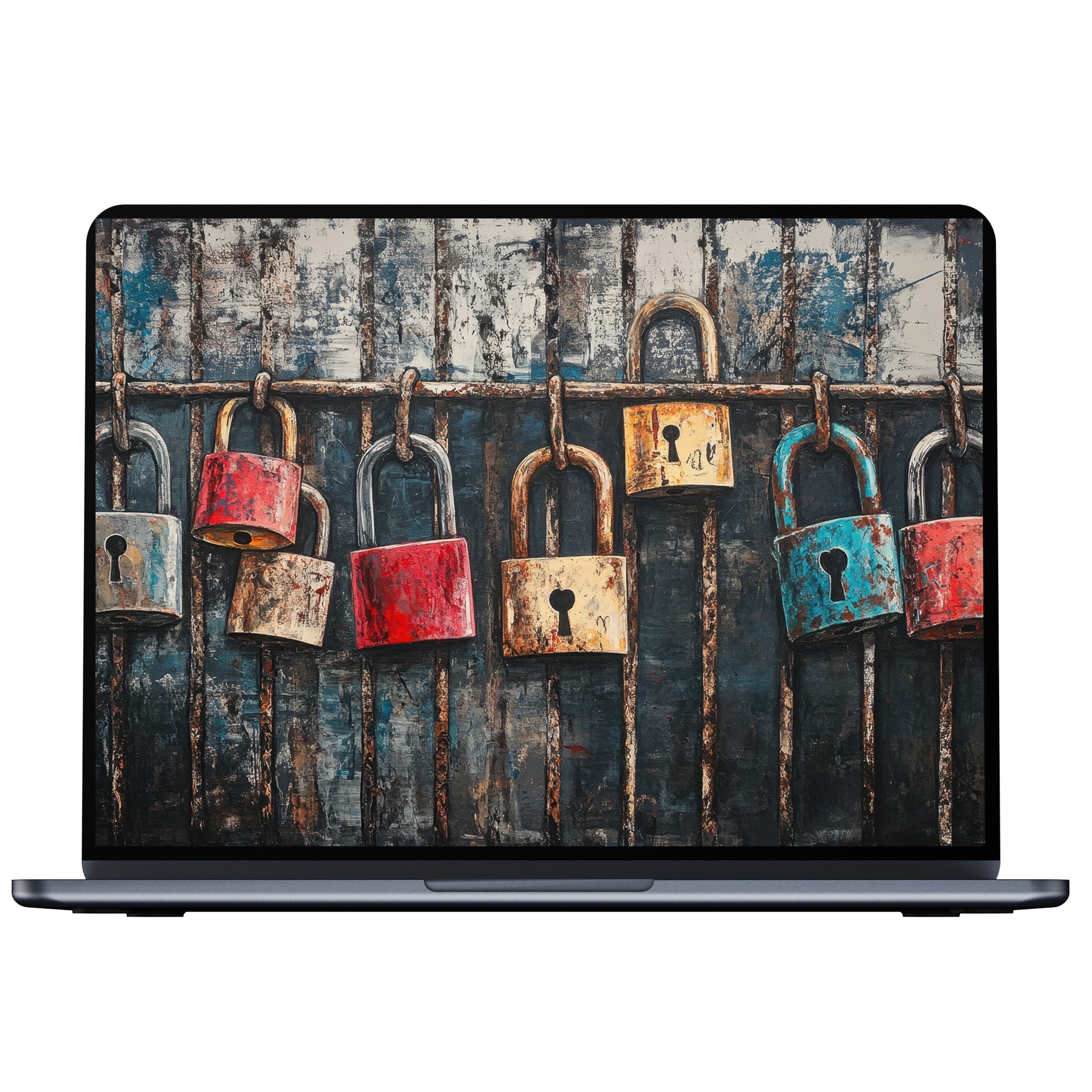 Vivid street art desktop wallpaper with colorful locks inspires calm and creativity, perfect digital download for PC, Laptop, or Mac