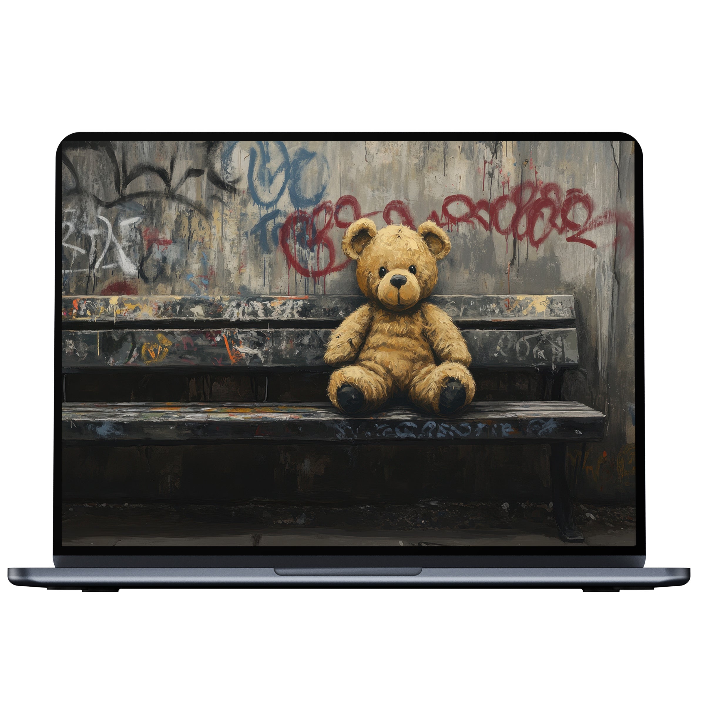 Street art desktop wallpaper featuring a teddy on a graffiti-covered bench inspires calm elegance for PC or laptop digital download