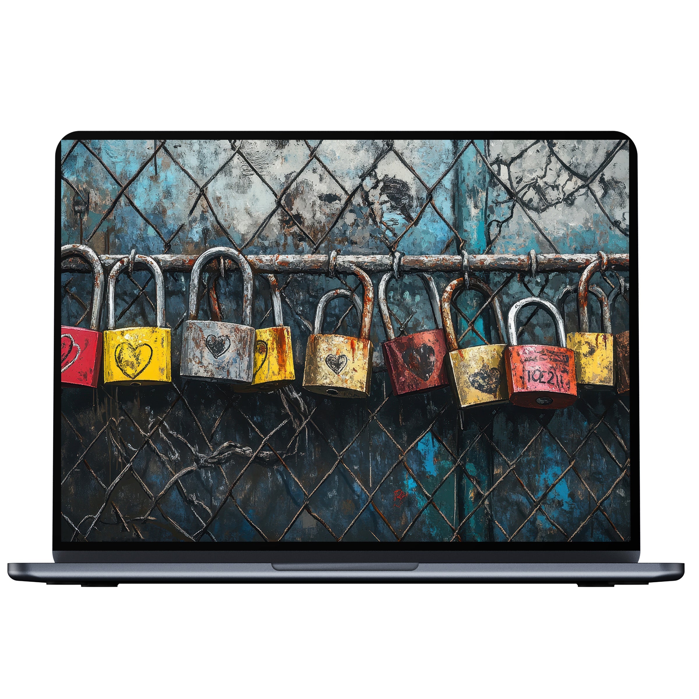 Street art desktop wallpaper capturing colorful locks on a textured fence evokes calm inspiration perfect for PC, laptop digital download