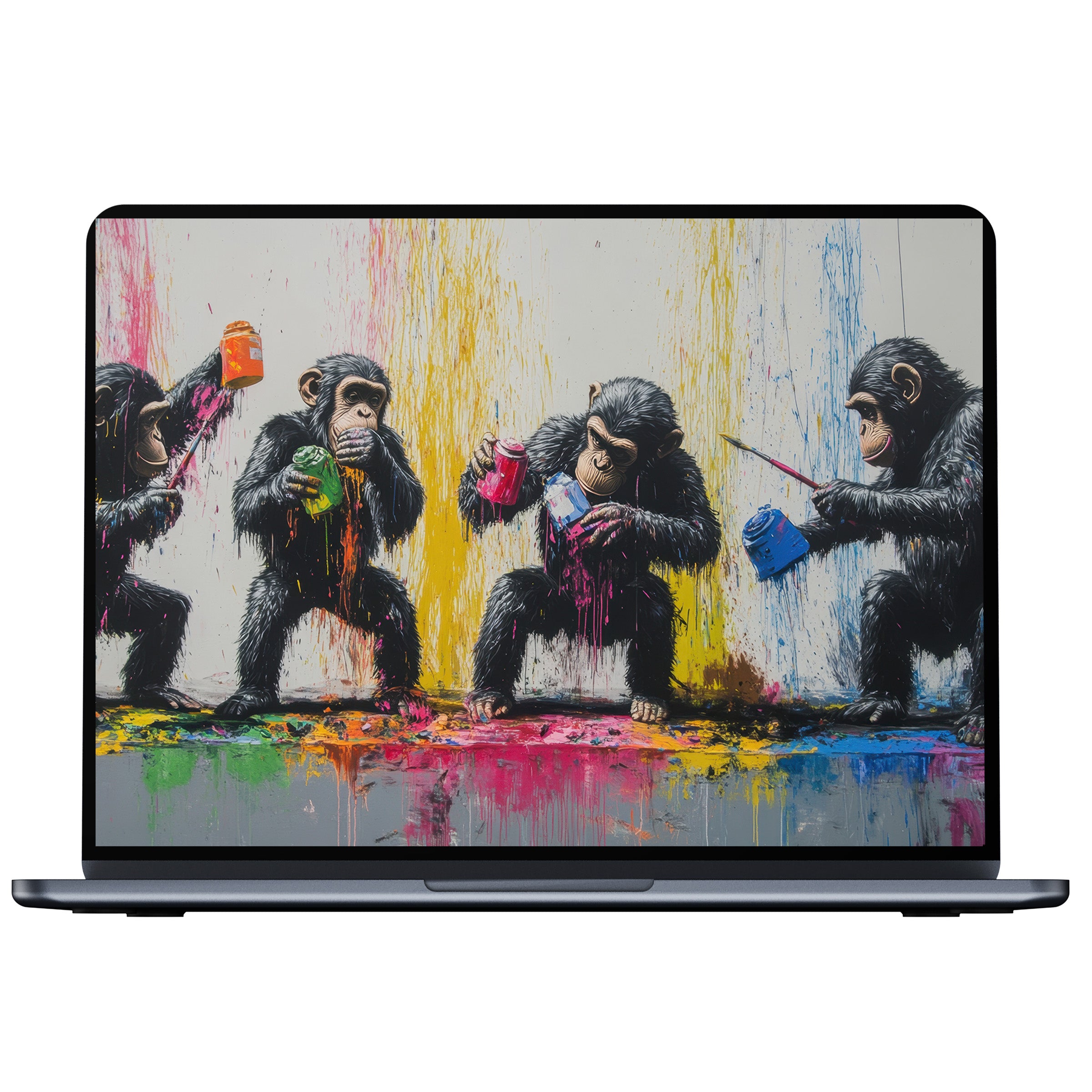 Vivid street art desktop wallpaper featuring playful chimpanzees with splashes of color offers a digital download for PC or laptop users