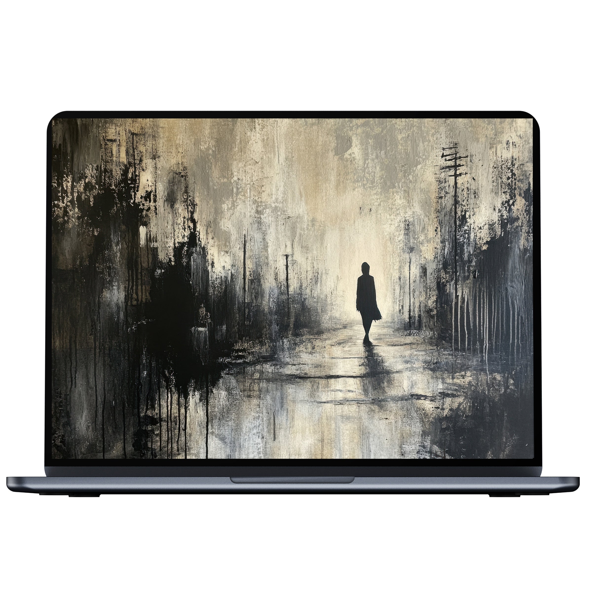 Moody street art desktop wallpaper with ethereal textures in black and beige for elegant digital download, ideal for PC or laptop