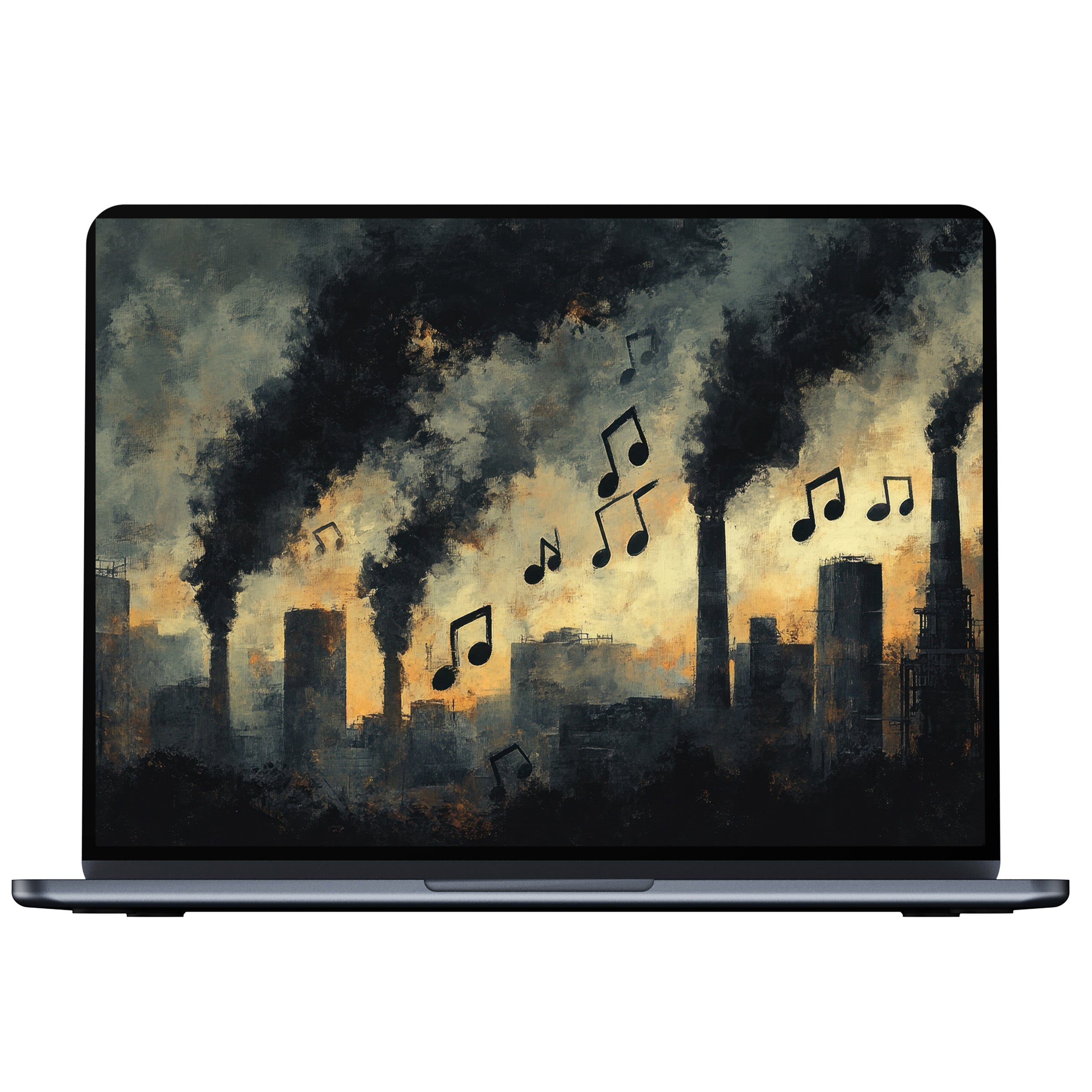 Inspiring street art desktop wallpaper features smoky cityscape with musical notes, perfect digital download for calm on PC or laptop screens