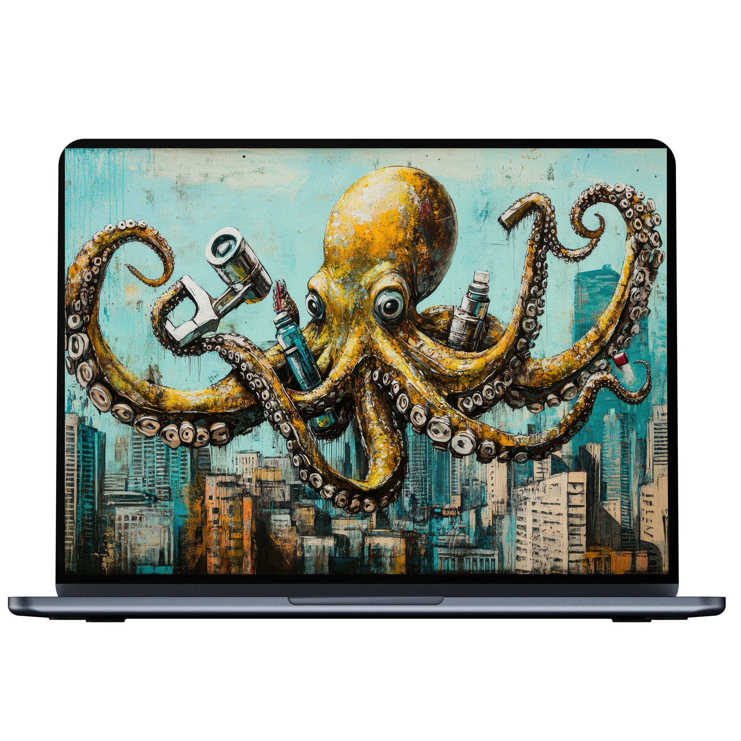 Inspiring street art desktop wallpaper with an artistic octopus and cityscape, perfect digital download for PC or laptop ambiance
