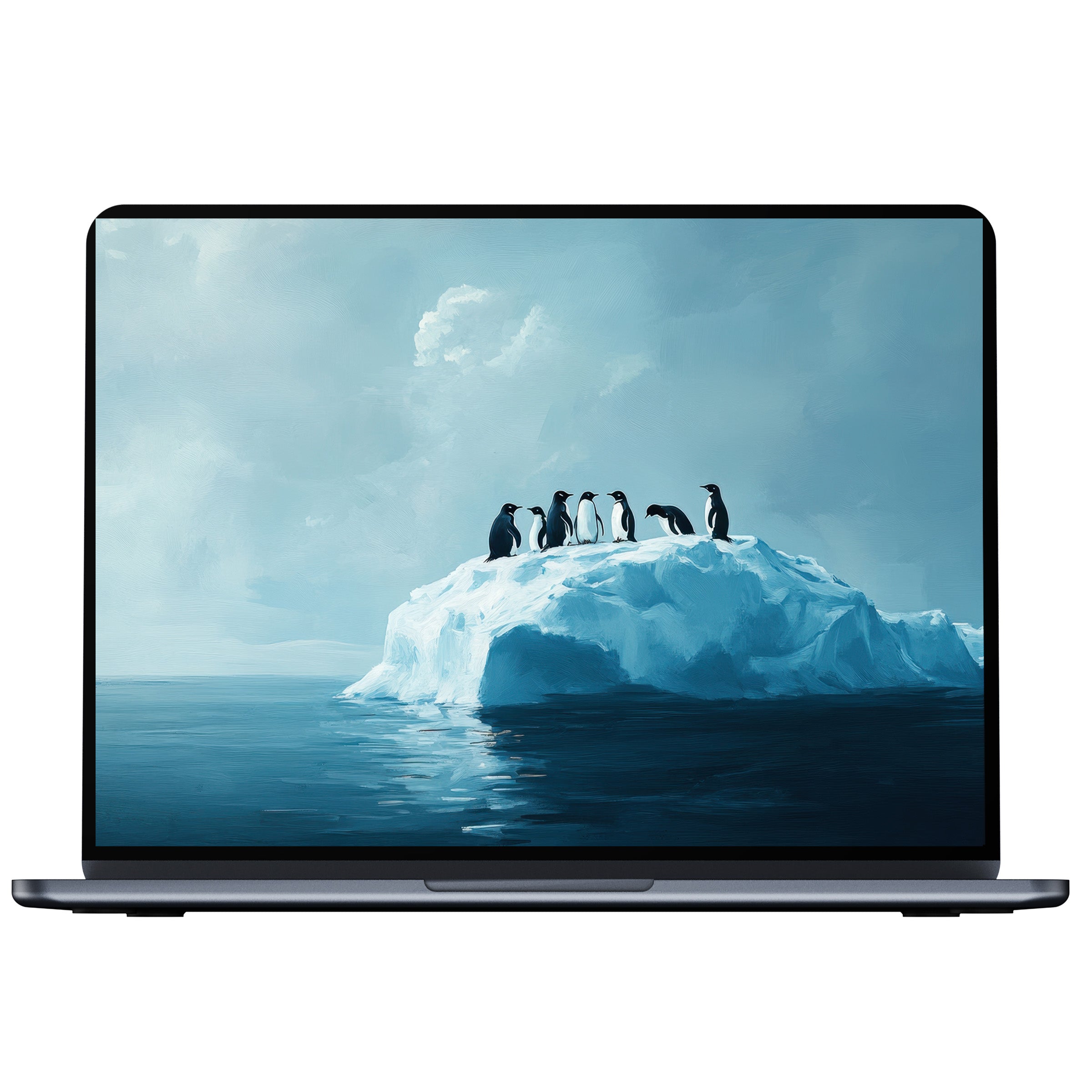 Serene street art desktop wallpaper shows penguins on an iceberg under a soft blue sky, ideal digital download for PC, Laptop, Mac
