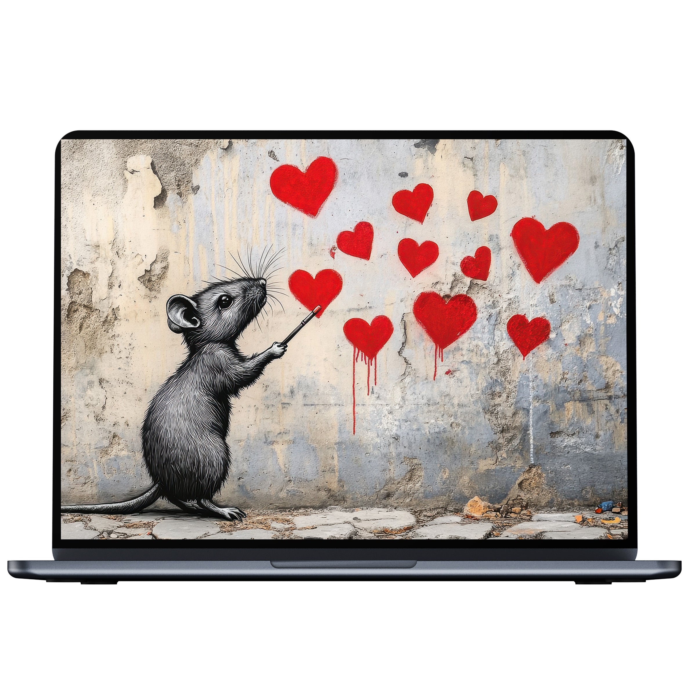 Street art desktop wallpaper featuring a whimsical mouse painting red hearts on a textured wall offers calm elegance for PC, laptop digital download
