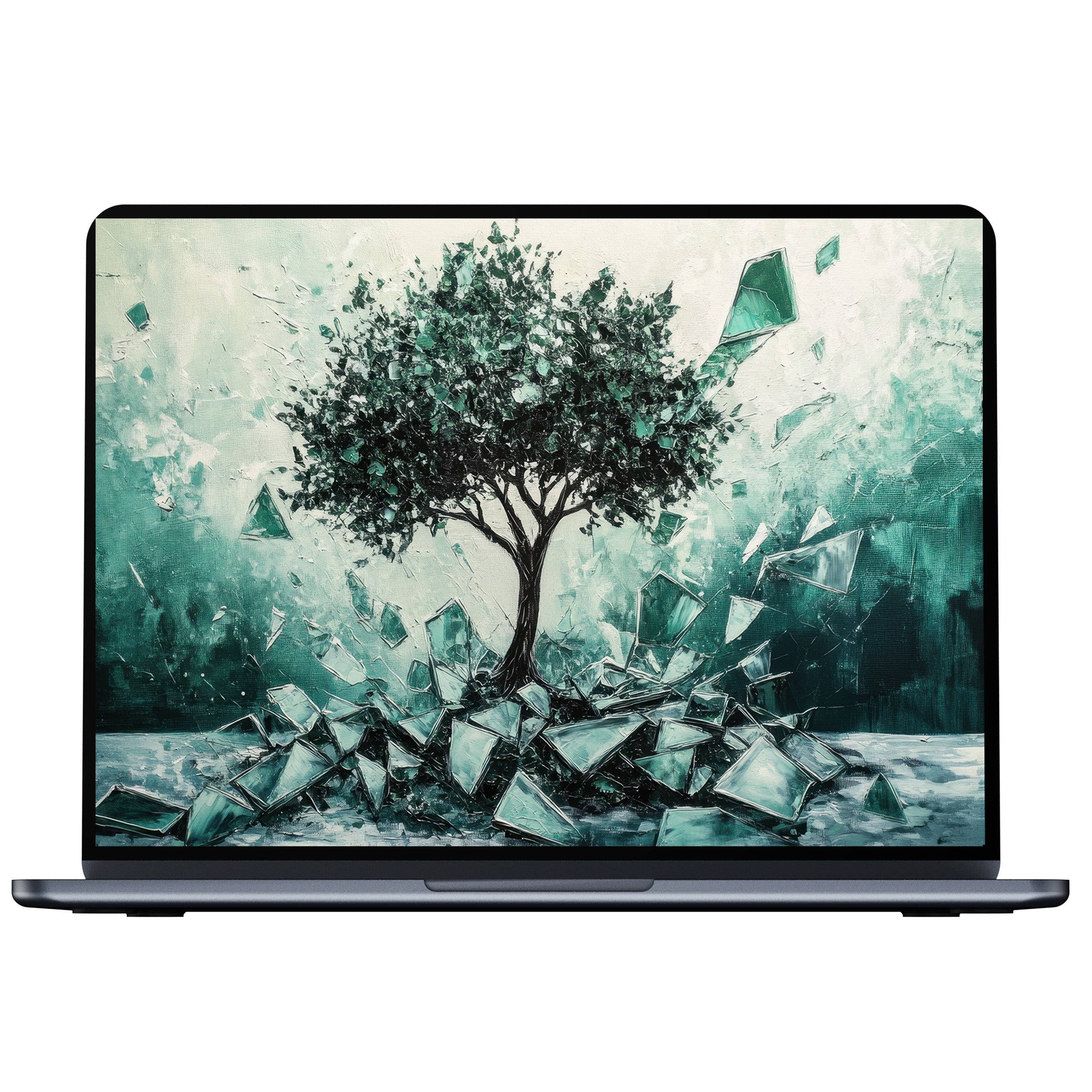 Street art desktop wallpaper featuring a serene abstract tree with turquoise shards enhancing calm on PC, laptop, or Mac digital download
