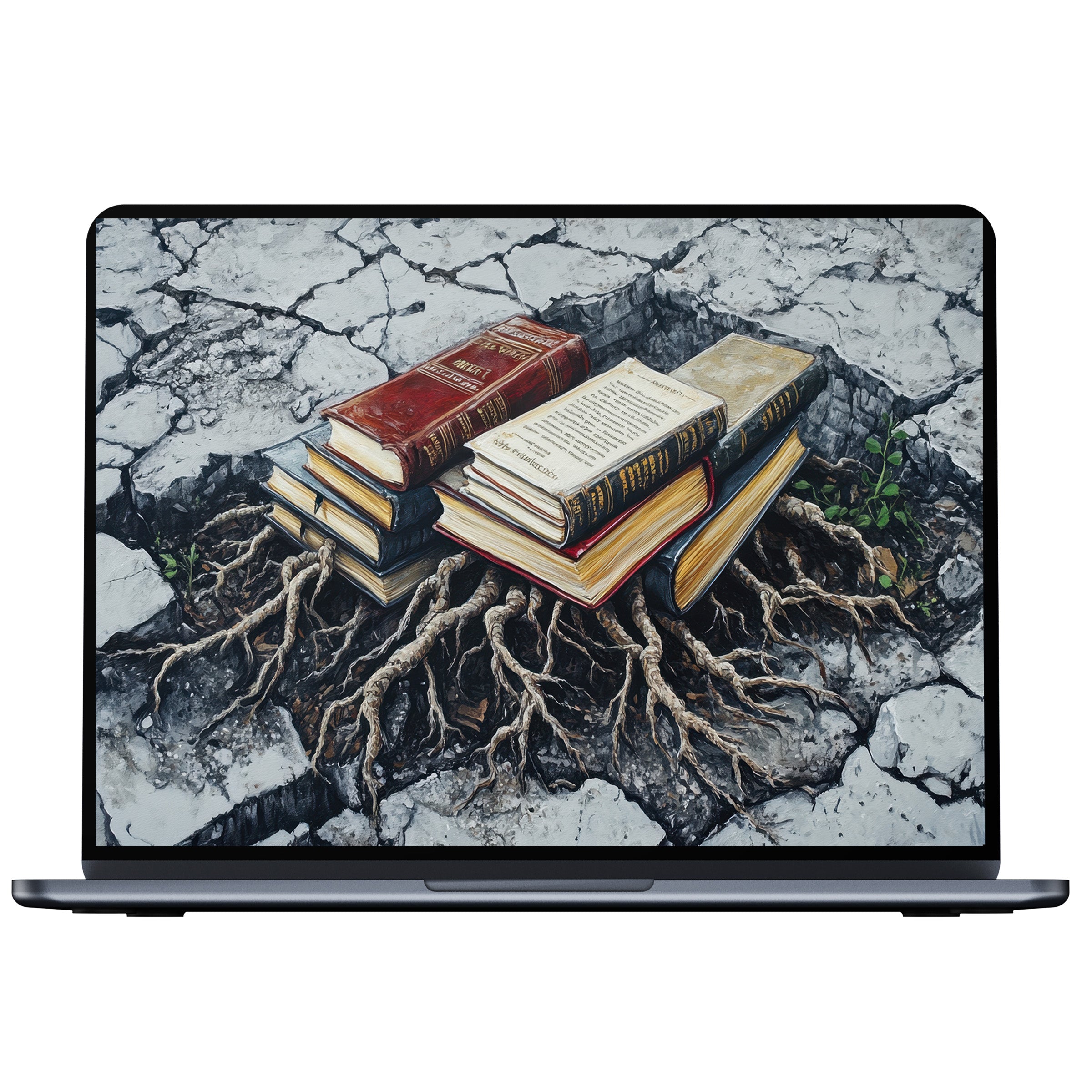 Street art desktop wallpaper featuring books with roots on cracked ground digital download for elegant PC and laptop screens