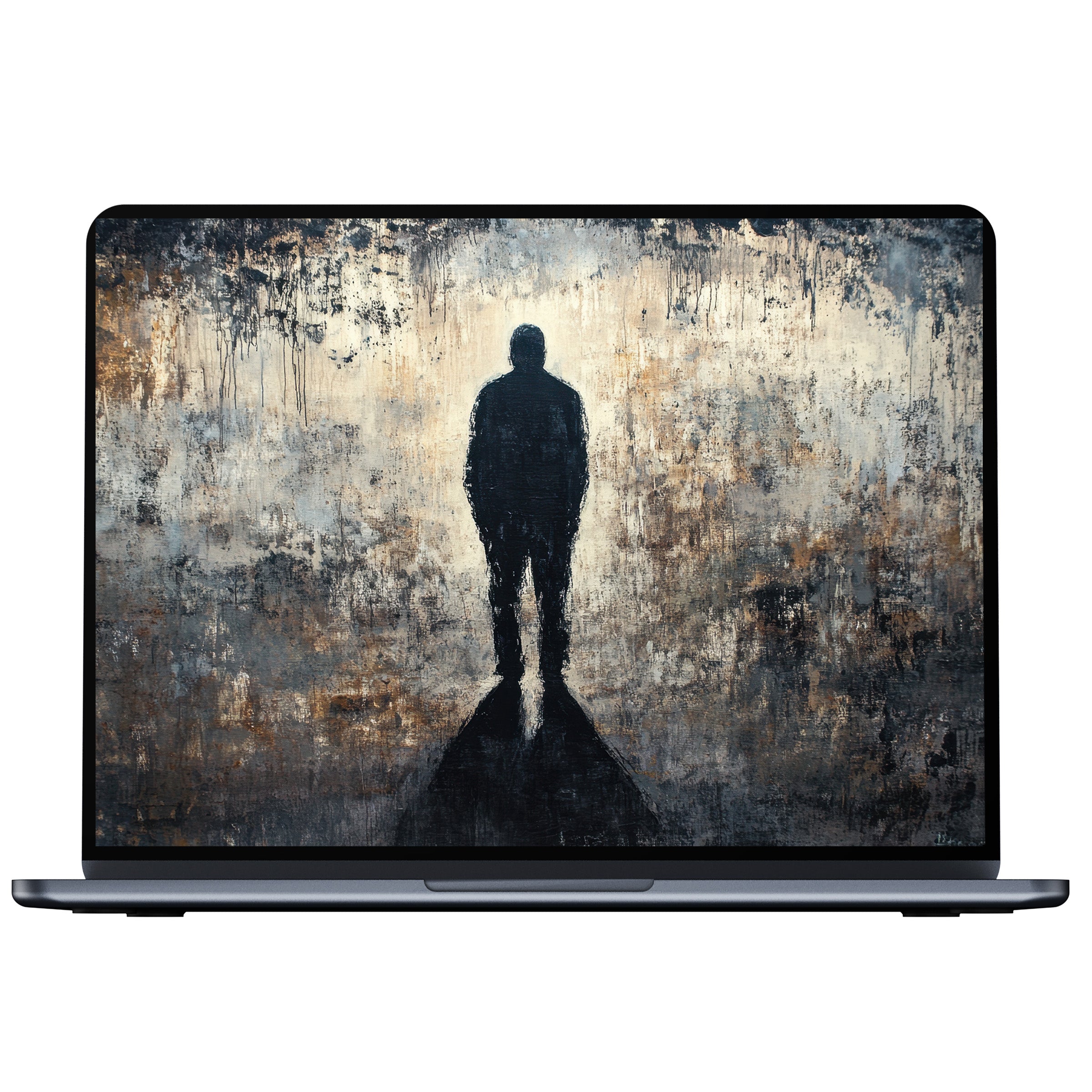 Street art desktop wallpaper featuring a contemplative silhouette on textured, earthy tones digital download for PC, Laptop, Mac