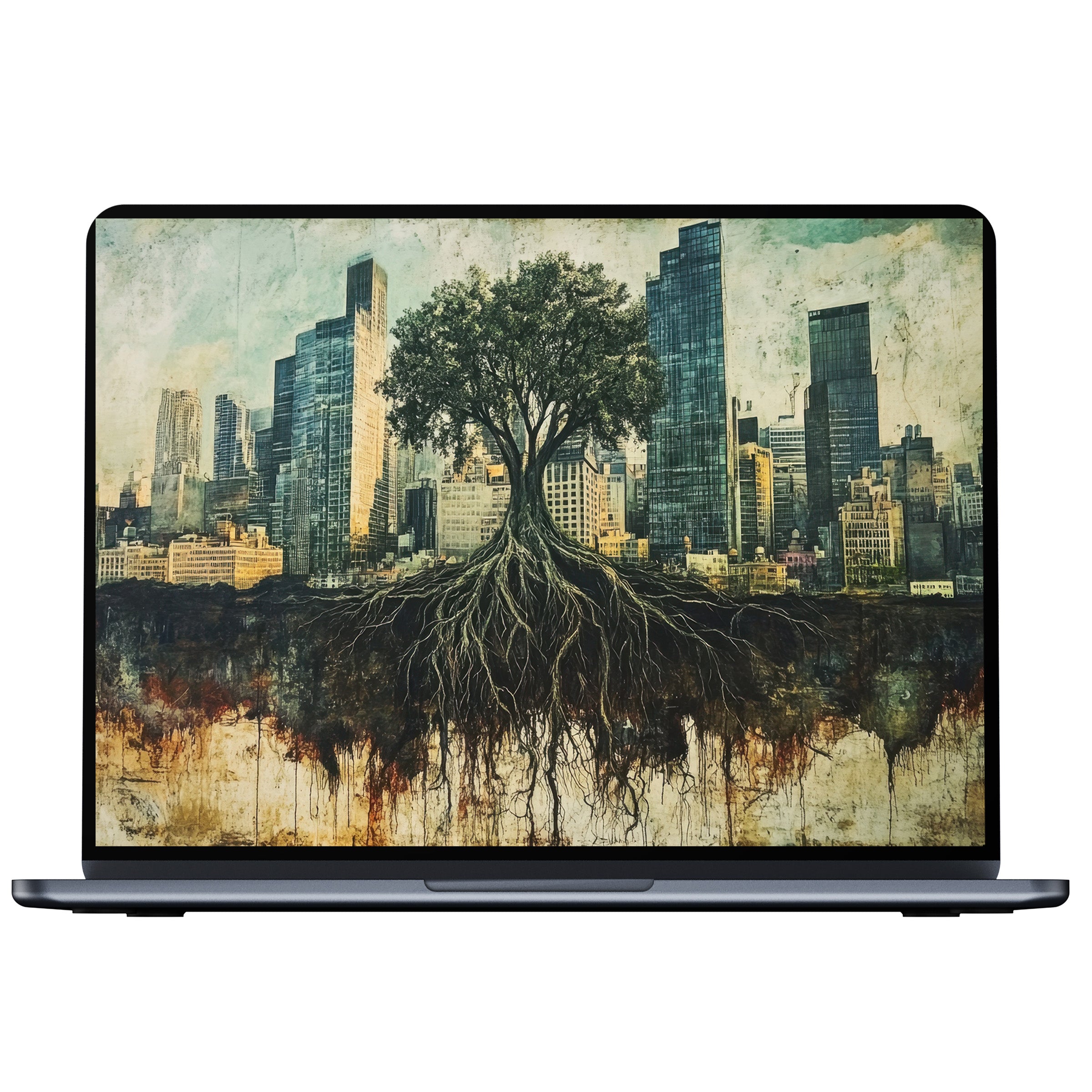 Street art desktop wallpaper featuring a serene urban tree blending nature and cityscape perfect for digital download on PC or laptop