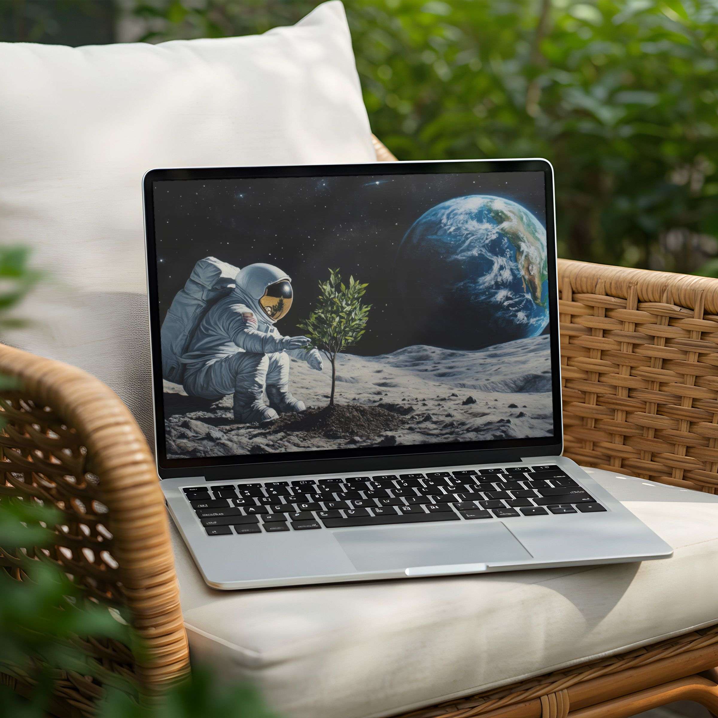 Astronaut with lunar plant desktop background evokes calm inspiration for your PC or Laptop instant download for mindfulness