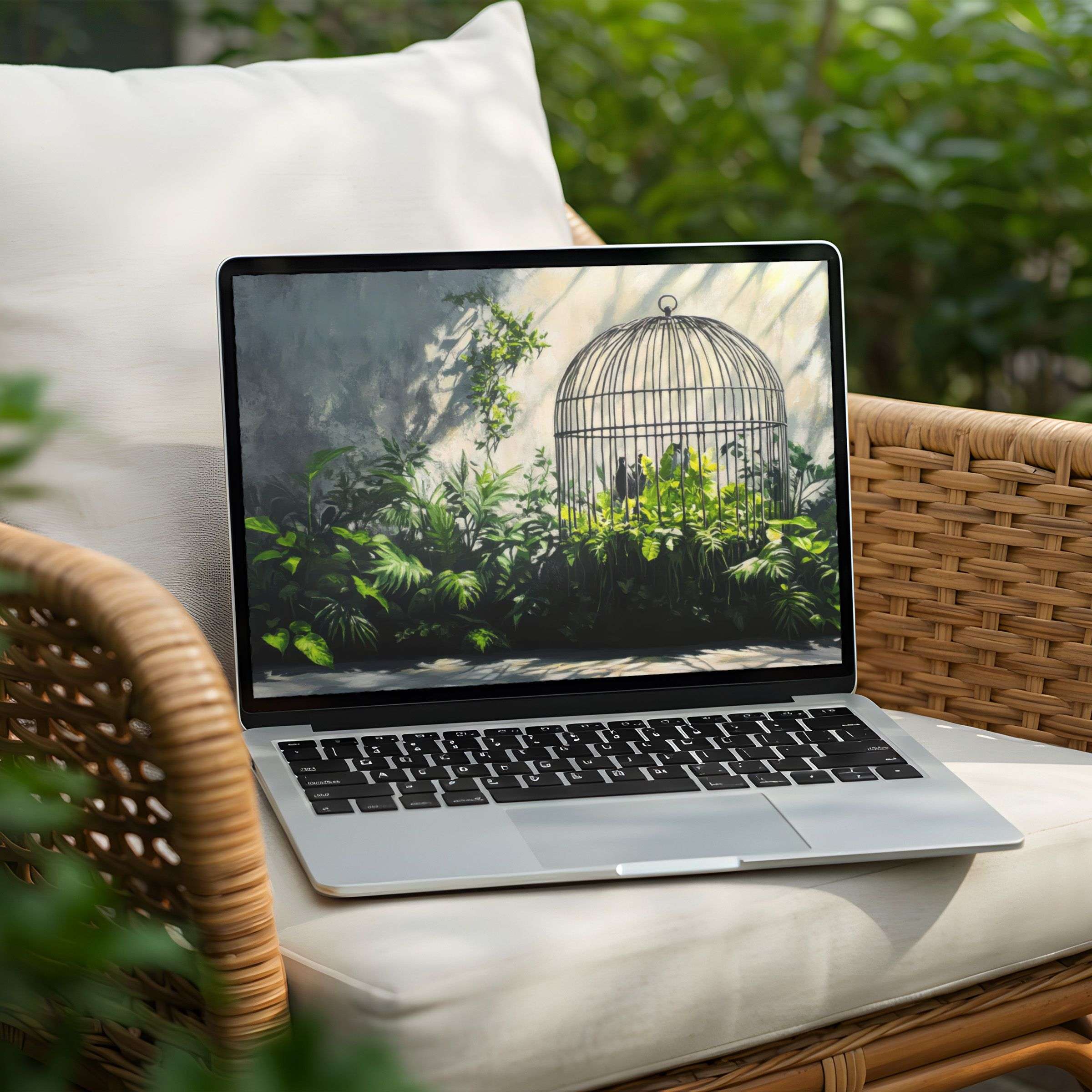 Elegant desktop background featuring a serene birdcage and lush greenery for instant download on your PC or Laptop inspiring calm