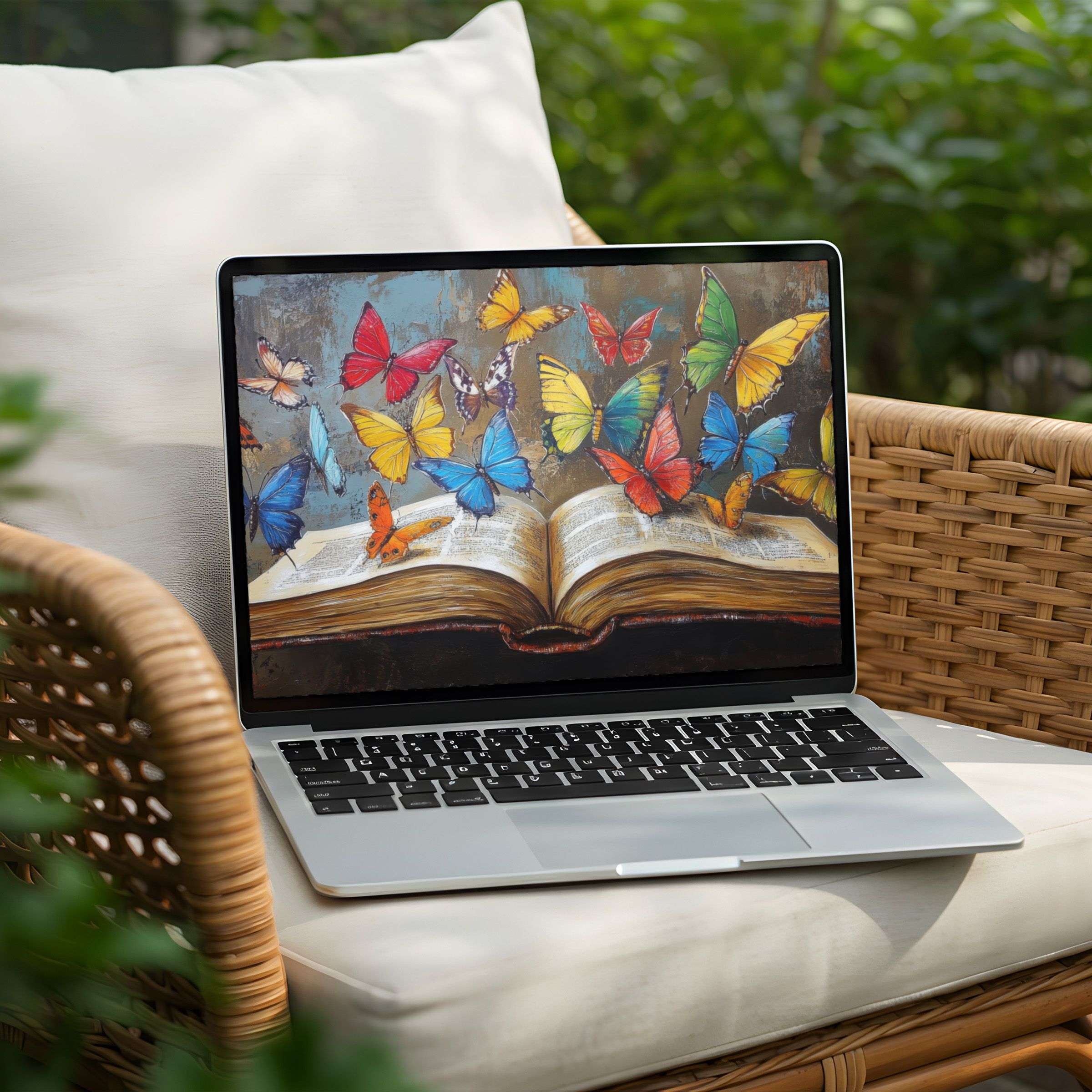 Colorful butterflies emerge from an open book on a sleek PC screen for an elegant desktop background instant download for laptops