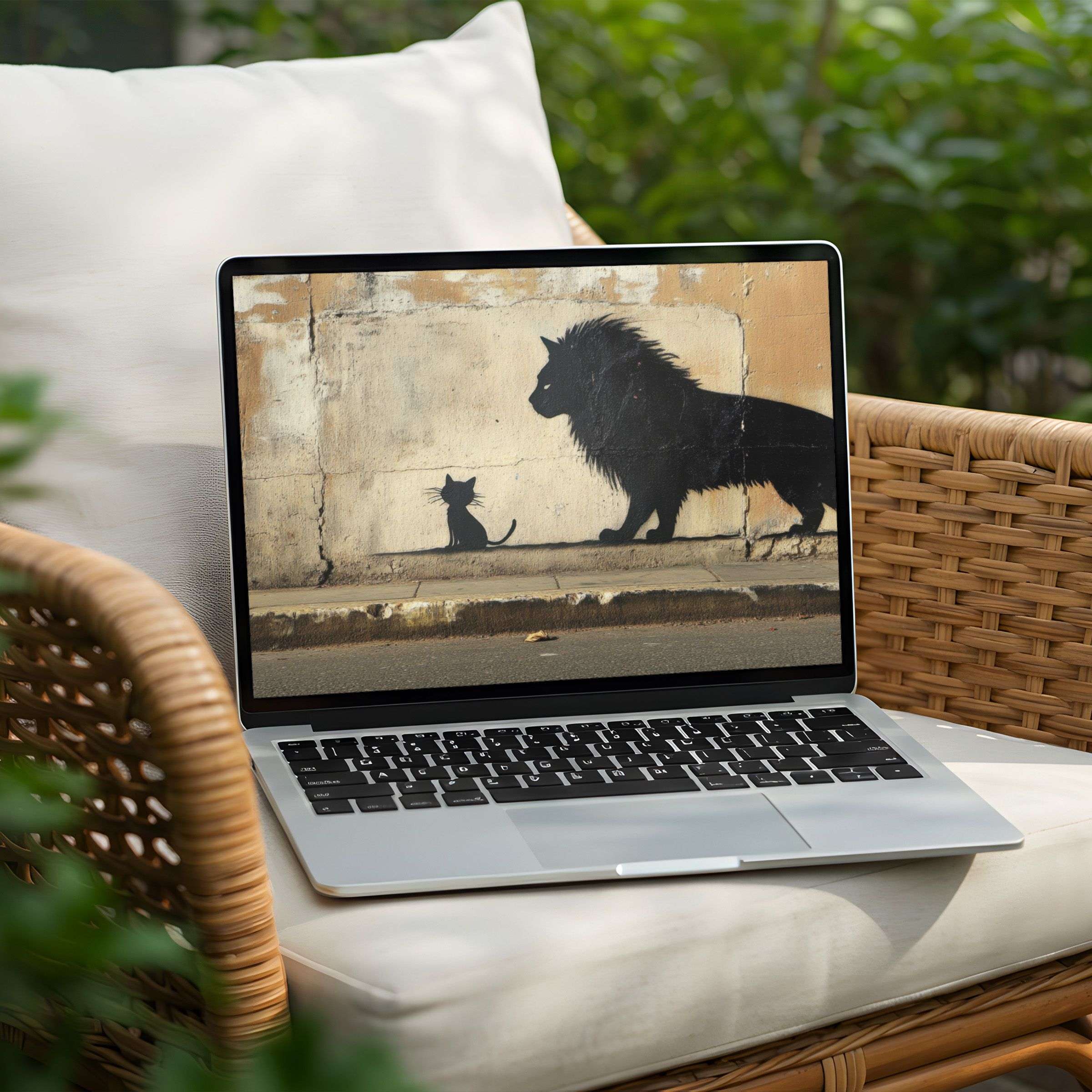 Elegant lion and kitten silhouette art desktop background for PC or Laptop, instant download for mindful inspiration and calm