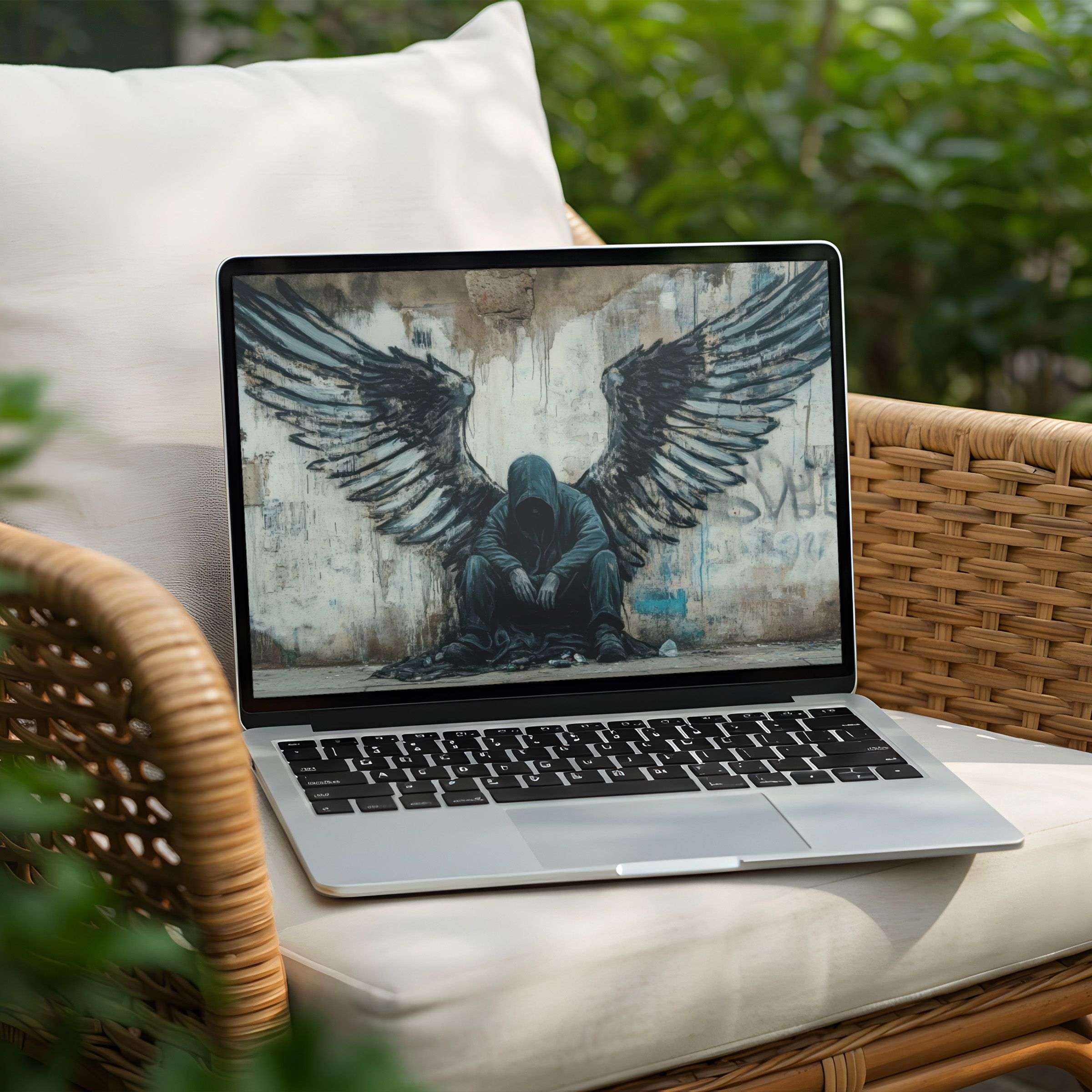 Inspiring desktop background for PC or Laptop offering instant download evokes calm mindfulness with elegant urban angel design