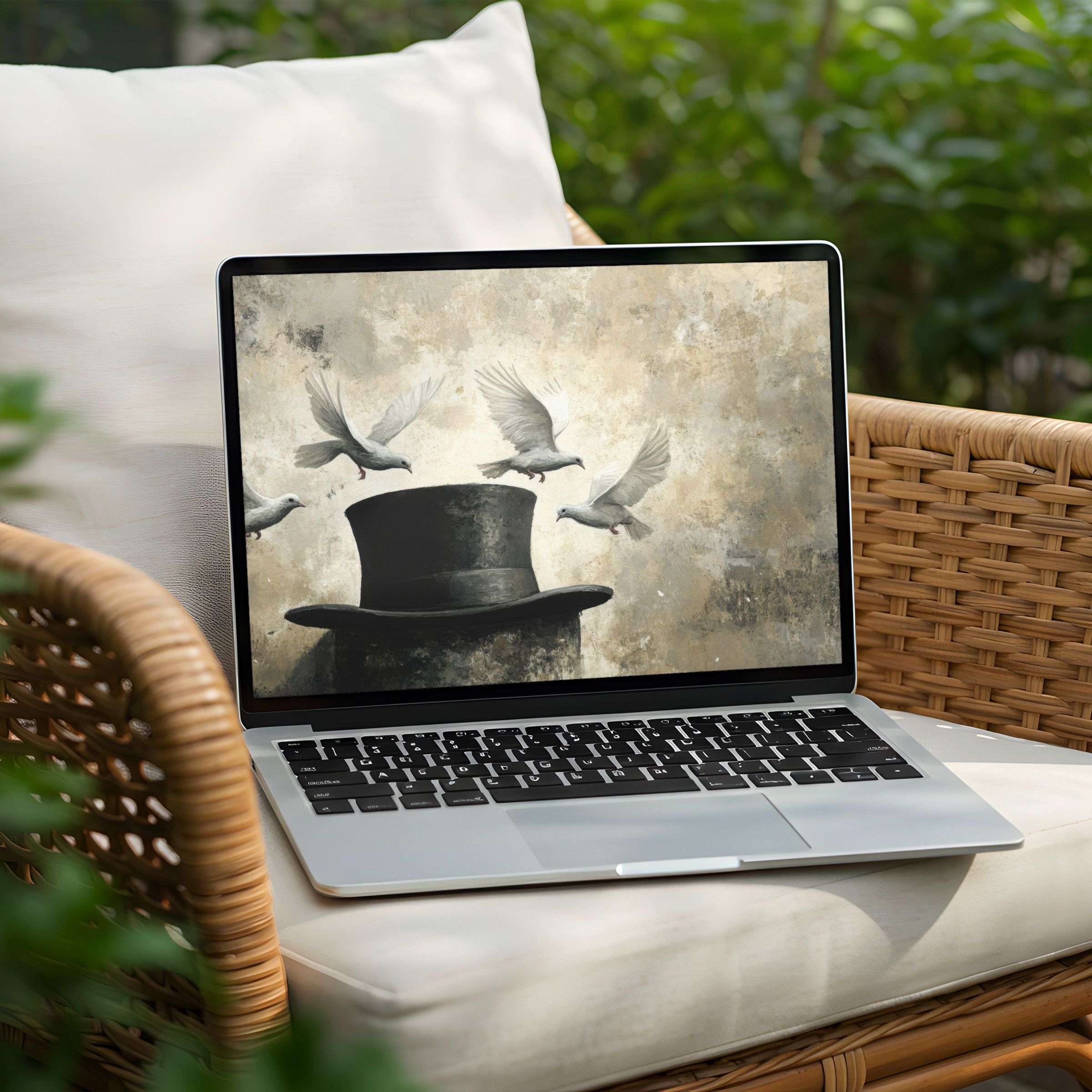 Elegant digital art with flying doves over top hat as a desktop background for instant download on PC and Laptop users