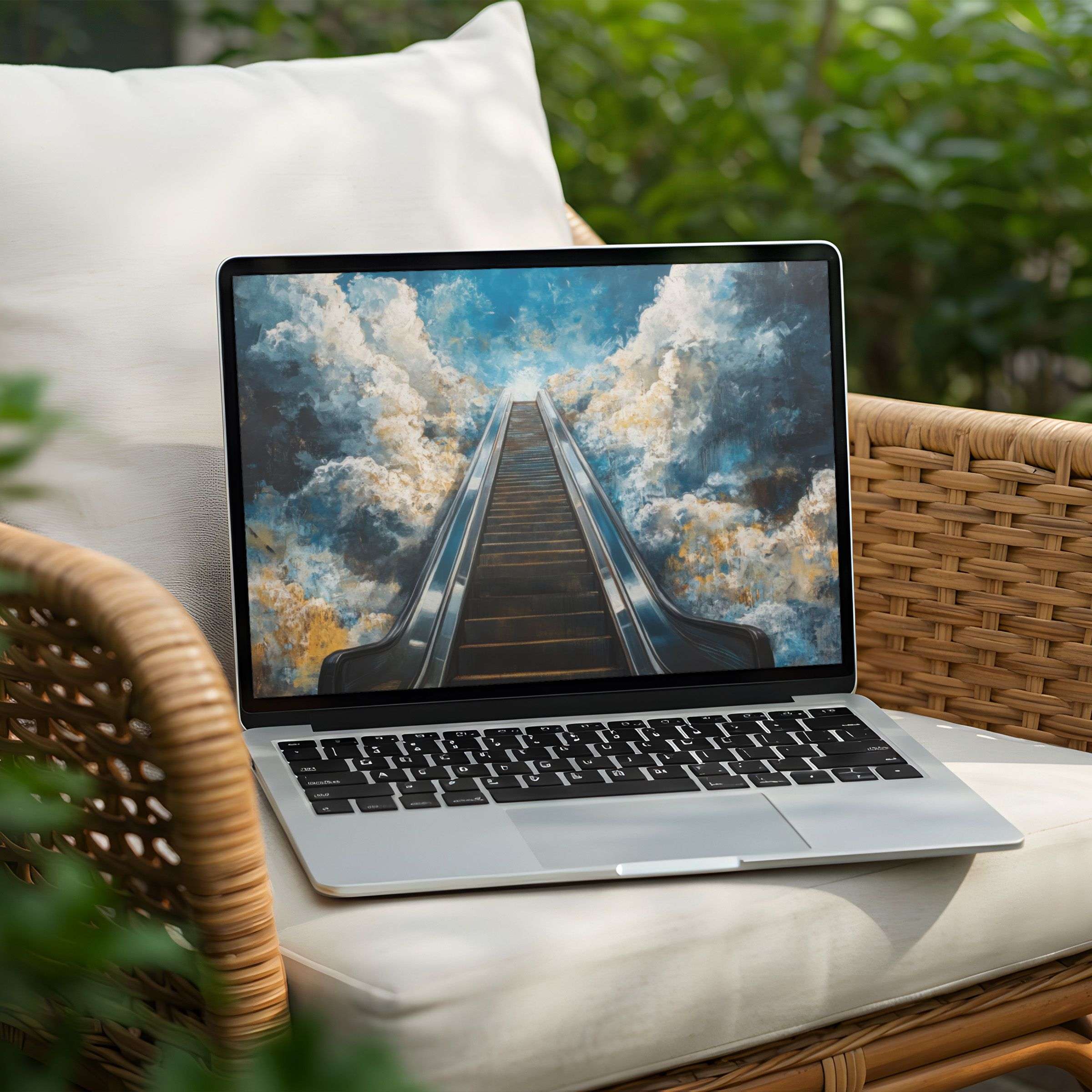 Elegant clouds and a surreal staircase create a calming desktop background for PC and Laptop instant download inspiring mindfulness