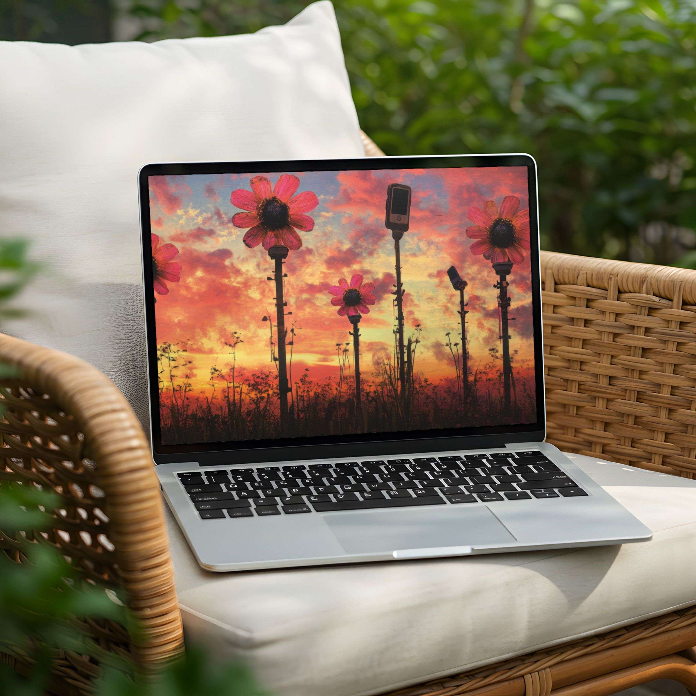 Elegant desktop background for PC and Laptop featuring a sunset with vibrant flowers; perfect instant download for calm inspiration