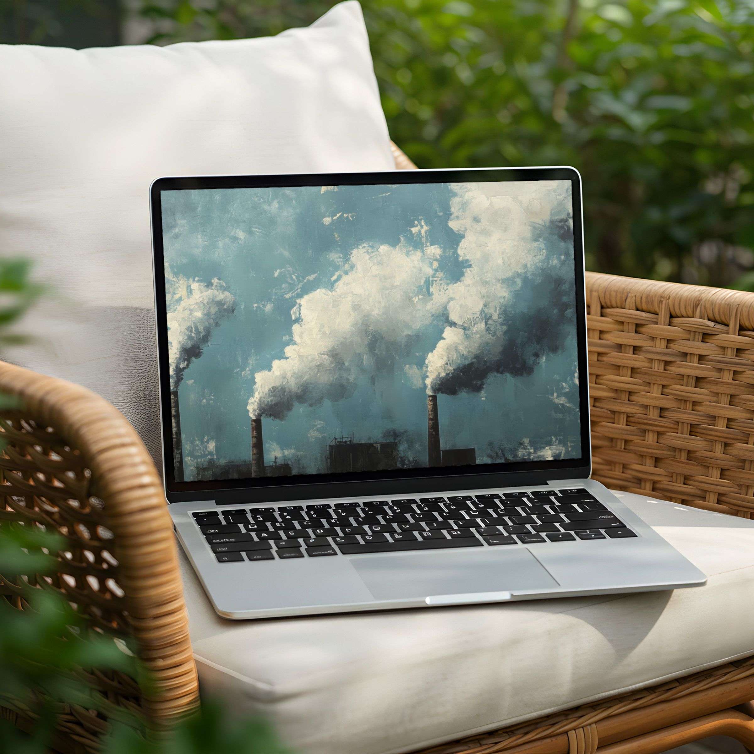 Elegant industrial art desktop background for PC and Laptop, instant download offers calm inspiration with tranquil smokestacks